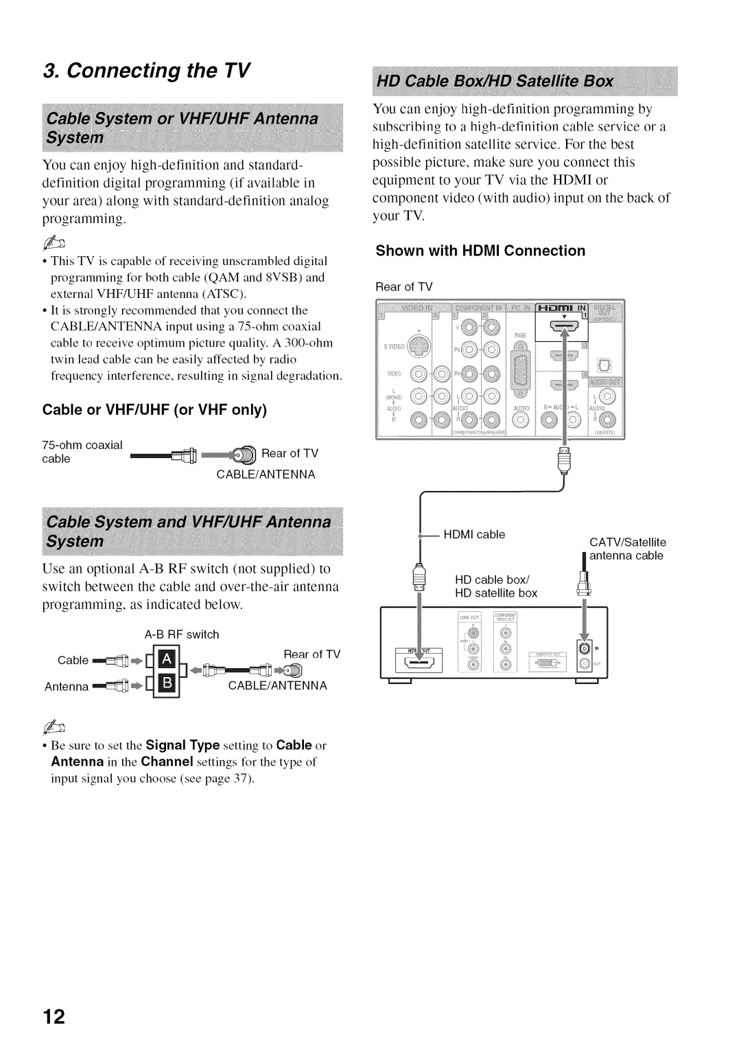 Sony KDL52V4100 operating instructions Connecting the TV, Shown with HDMI Connection, Cable or VHF/UHF or VHF only 