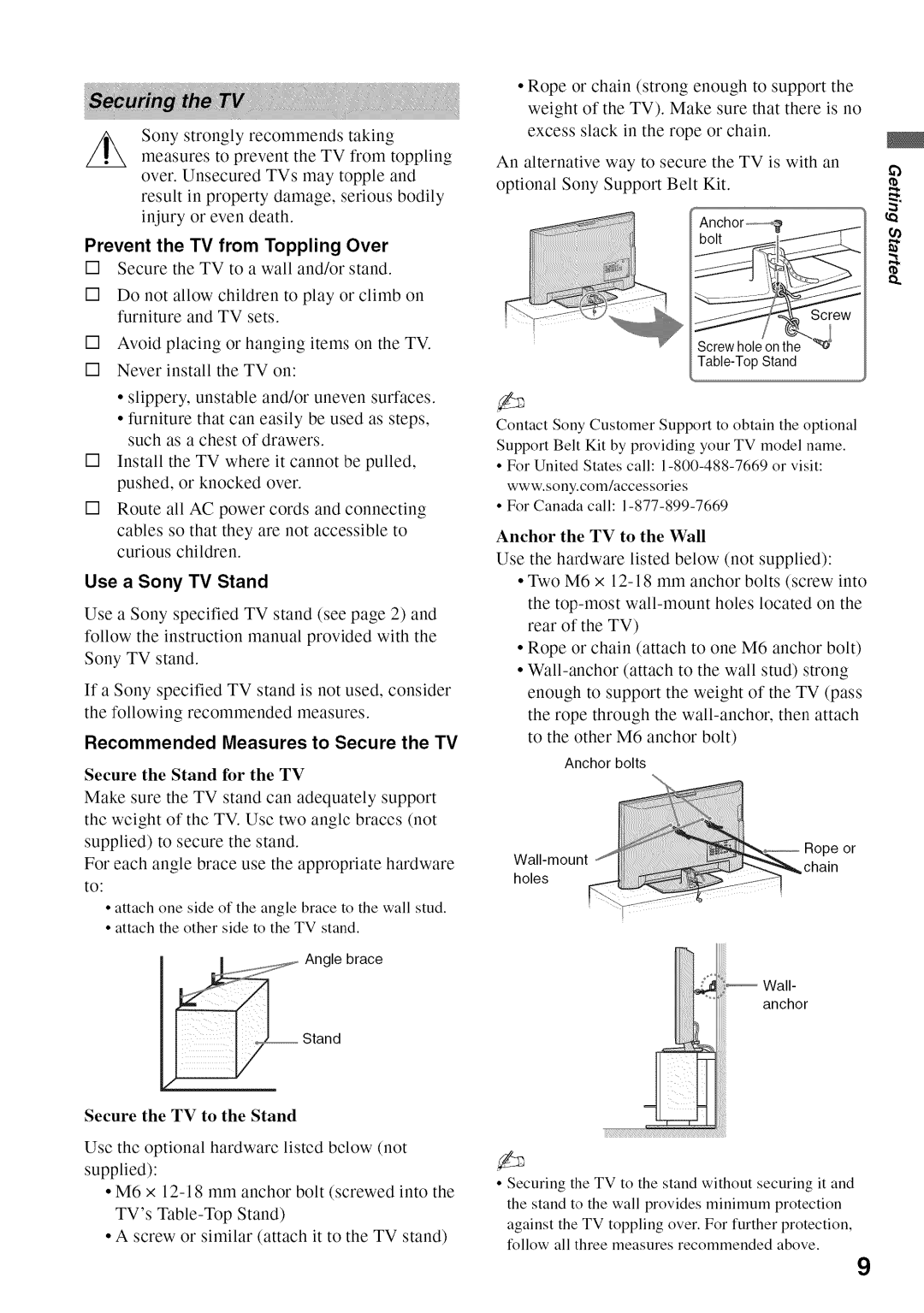 Sony KDL52V4100 Prevent the TV from Toppling Over, Use a Sony TV Stand, Recommended Measures to Secure the TV 
