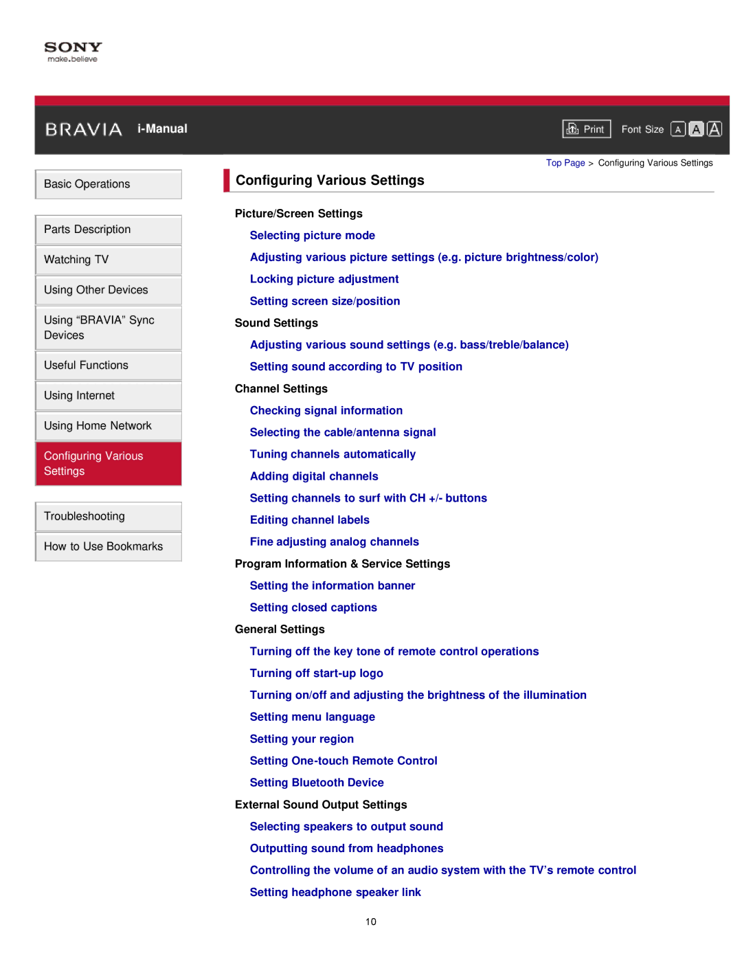 Sony KDL55W900A manual Configuring Various Settings, Picture/Screen Settings Selecting picture mode, Channel Settings 