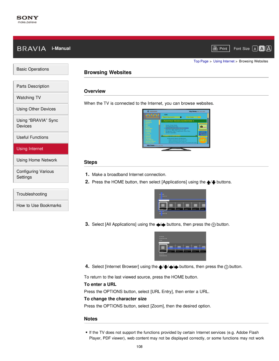 Sony KDL55W900A, KDL-55W900A manual Browsing Websites, To enter a URL, To change the character size 