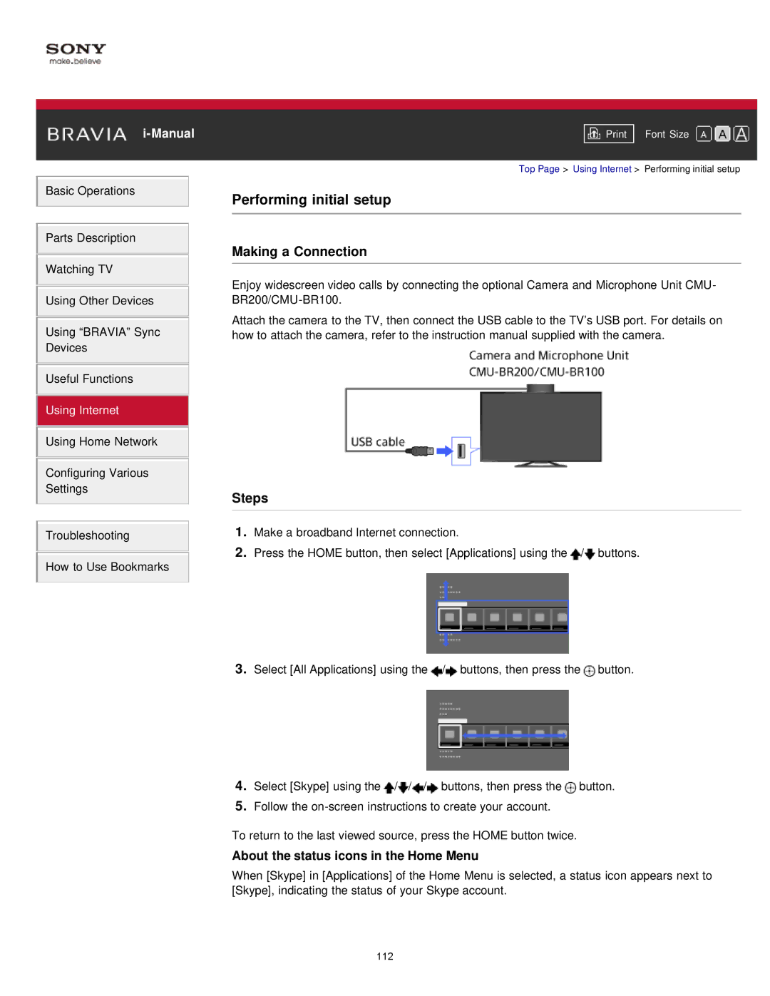 Sony KDL55W900A, KDL-55W900A manual Performing initial setup, About the status icons in the Home Menu 