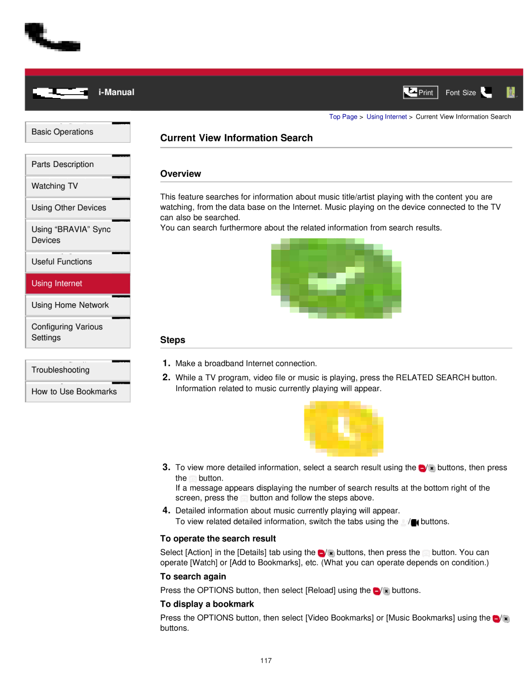 Sony KDL-55W900A Current View Information Search, To operate the search result, To search again, To display a bookmark 