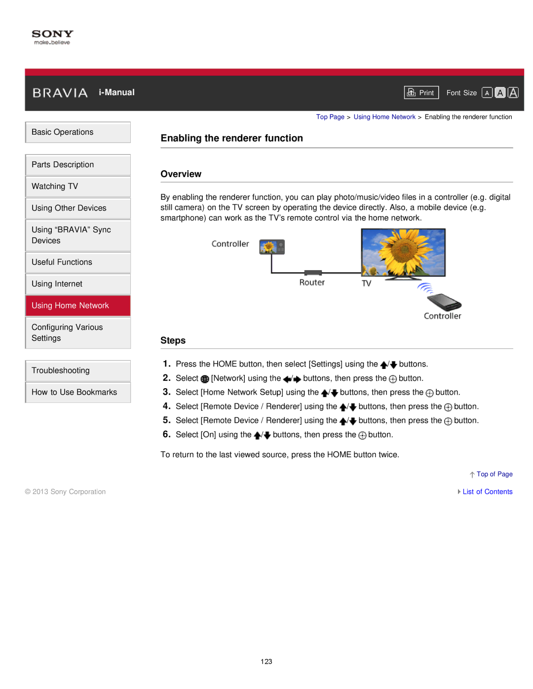 Sony KDL-55W900A, KDL55W900A manual Enabling the renderer function 