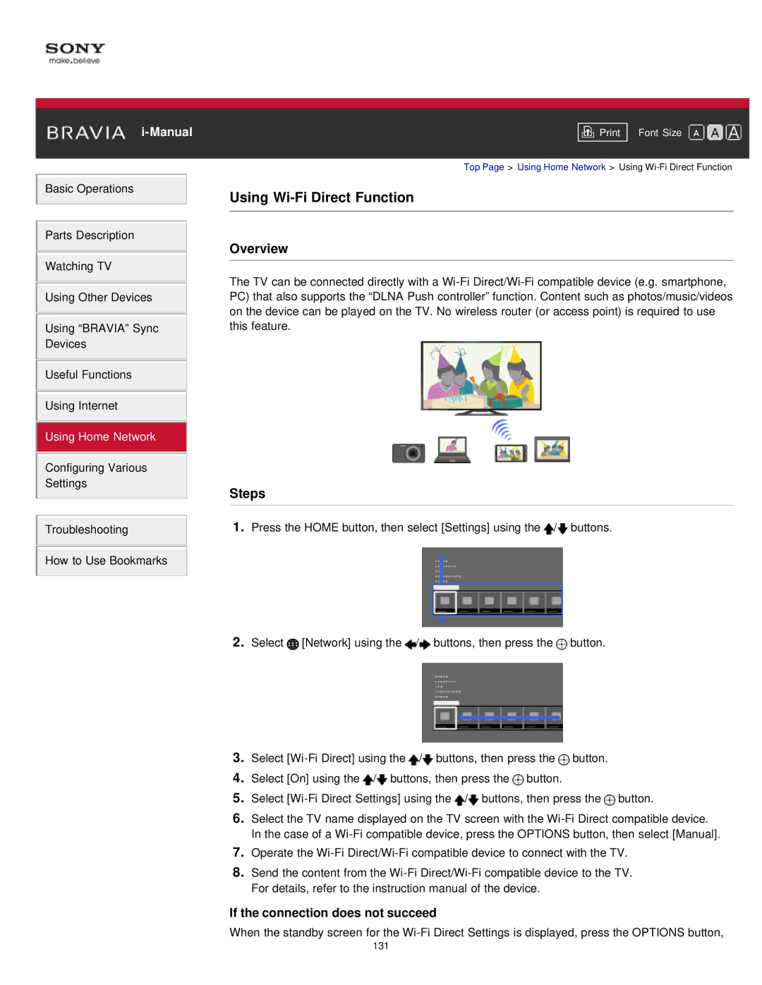 Sony KDL-55W900A, KDL55W900A manual Using Wi-Fi Direct Function, If the connection does not succeed 