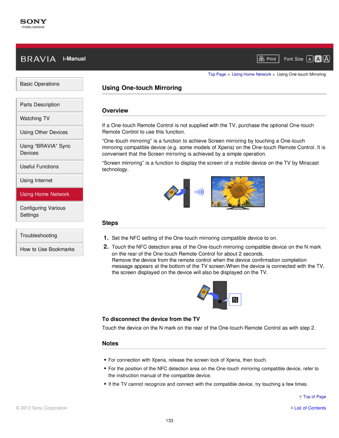 Sony KDL-55W900A, KDL55W900A manual Using One-touch Mirroring, To disconnect the device from the TV 