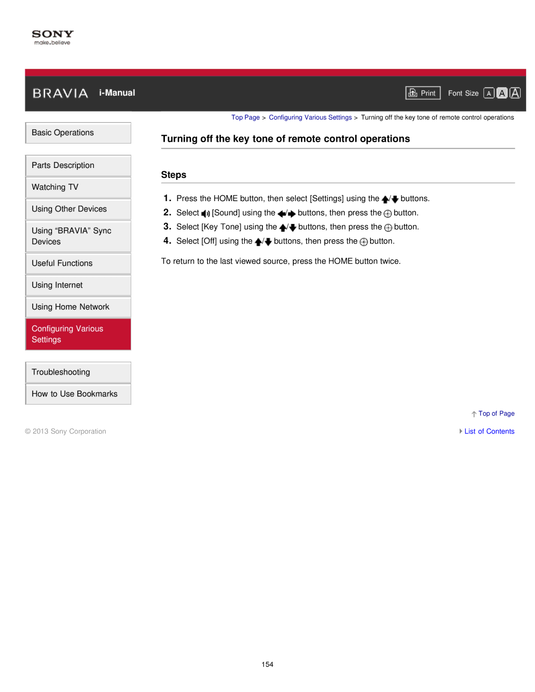 Sony KDL55W900A, KDL-55W900A manual Turning off the key tone of remote control operations 