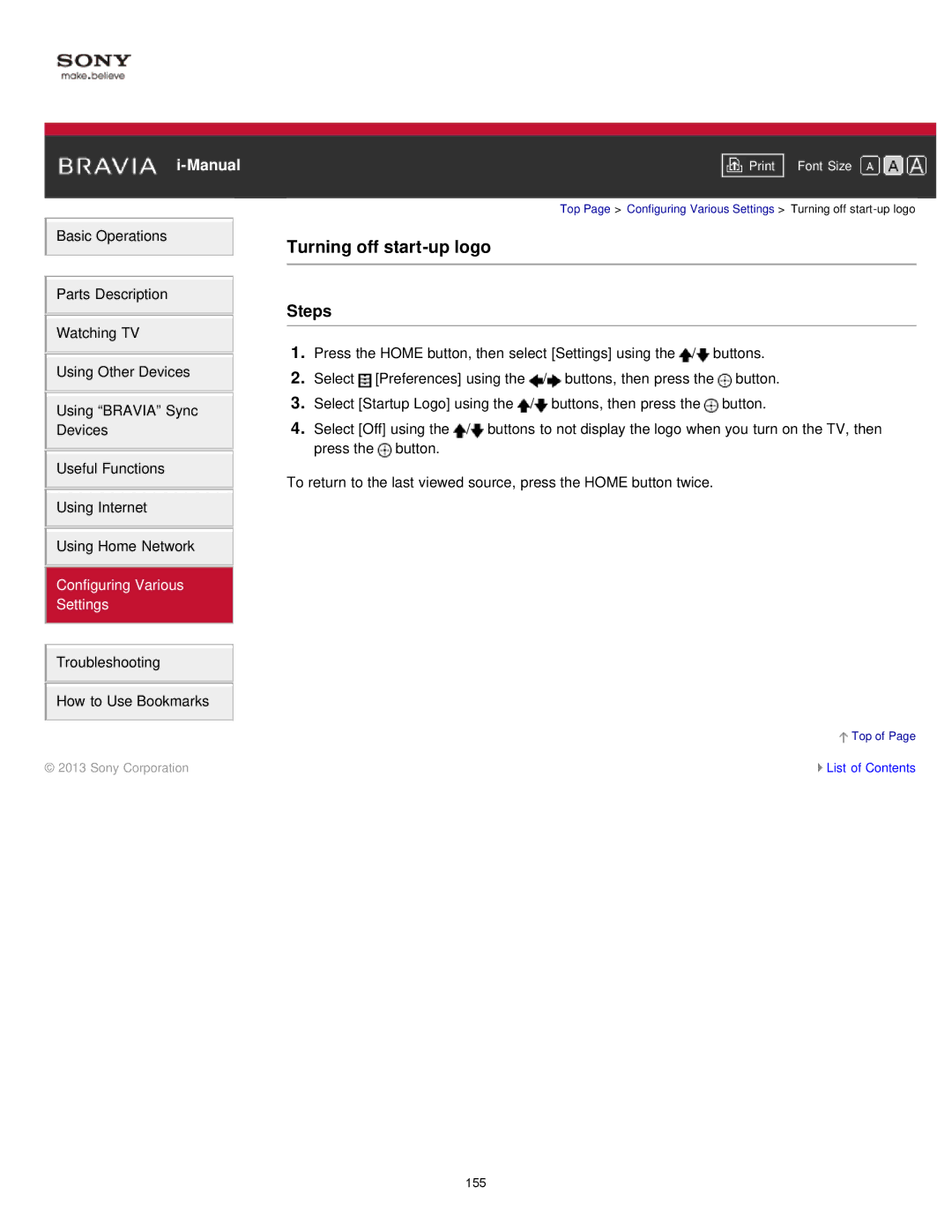 Sony KDL-55W900A, KDL55W900A manual Turning off start-up logo 