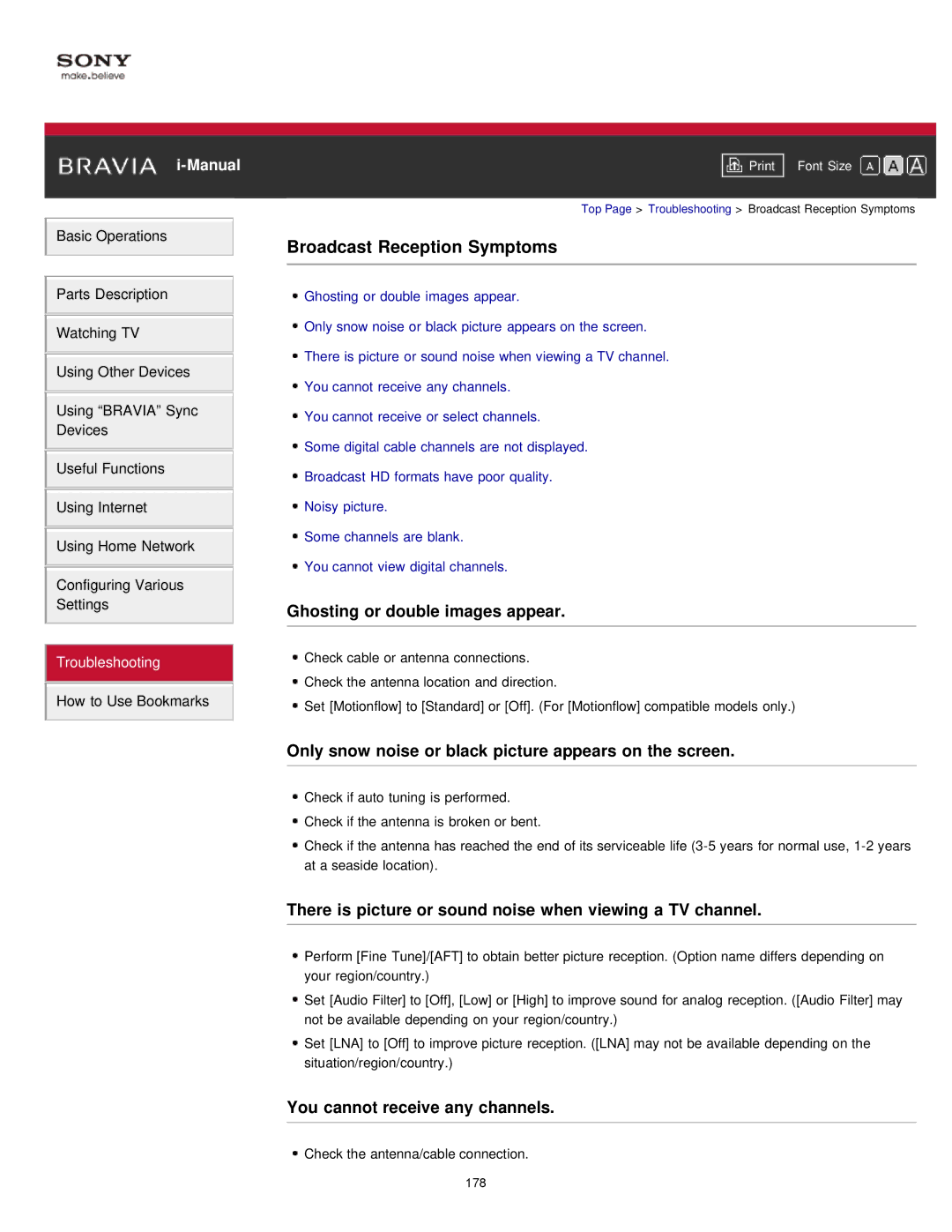 Sony KDL55W900A manual Broadcast Reception Symptoms, Ghosting or double images appear, You cannot receive any channels 