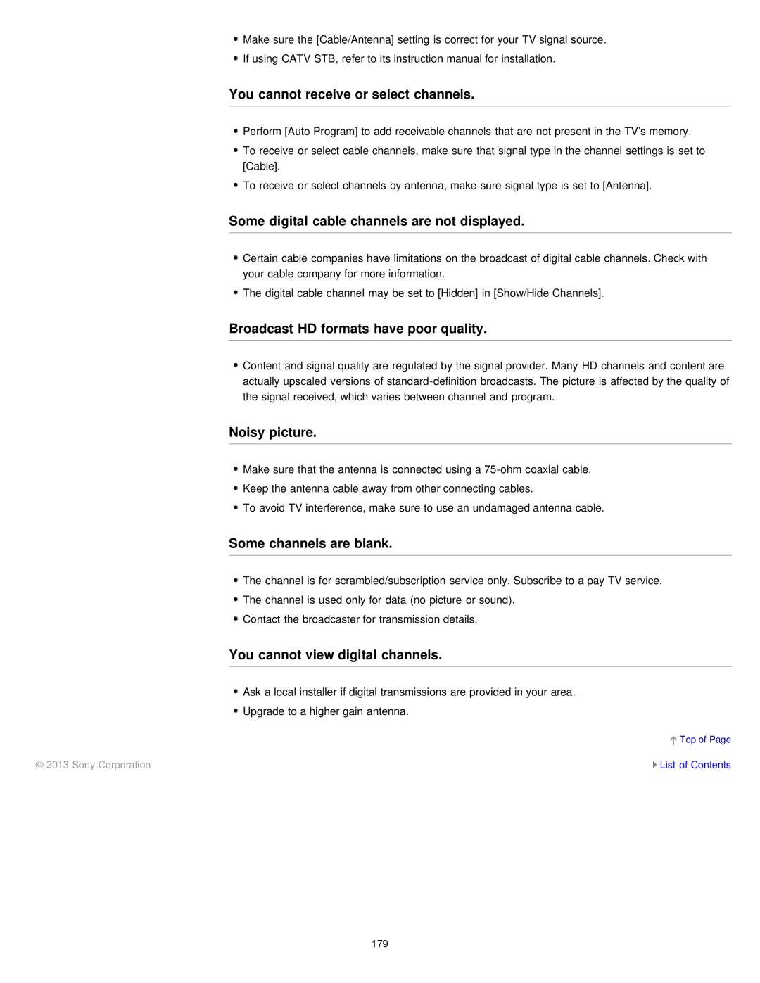 Sony KDL-55W900A manual You cannot receive or select channels, Some digital cable channels are not displayed, Noisy picture 