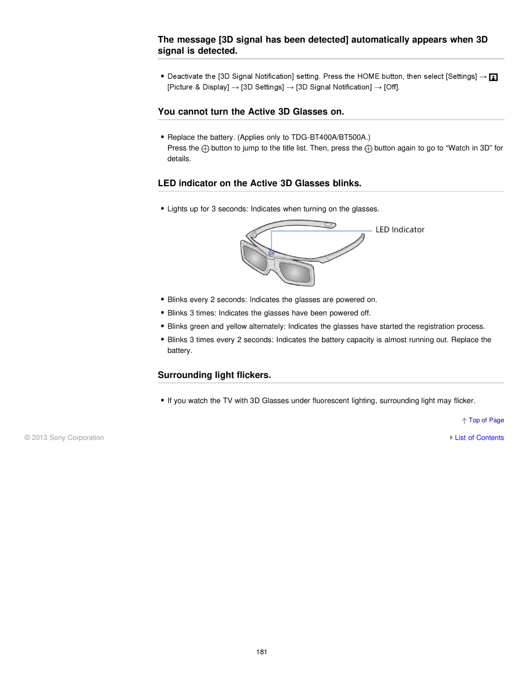 Sony KDL-55W900A, KDL55W900A manual You cannot turn the Active 3D Glasses on, LED indicator on the Active 3D Glasses blinks 