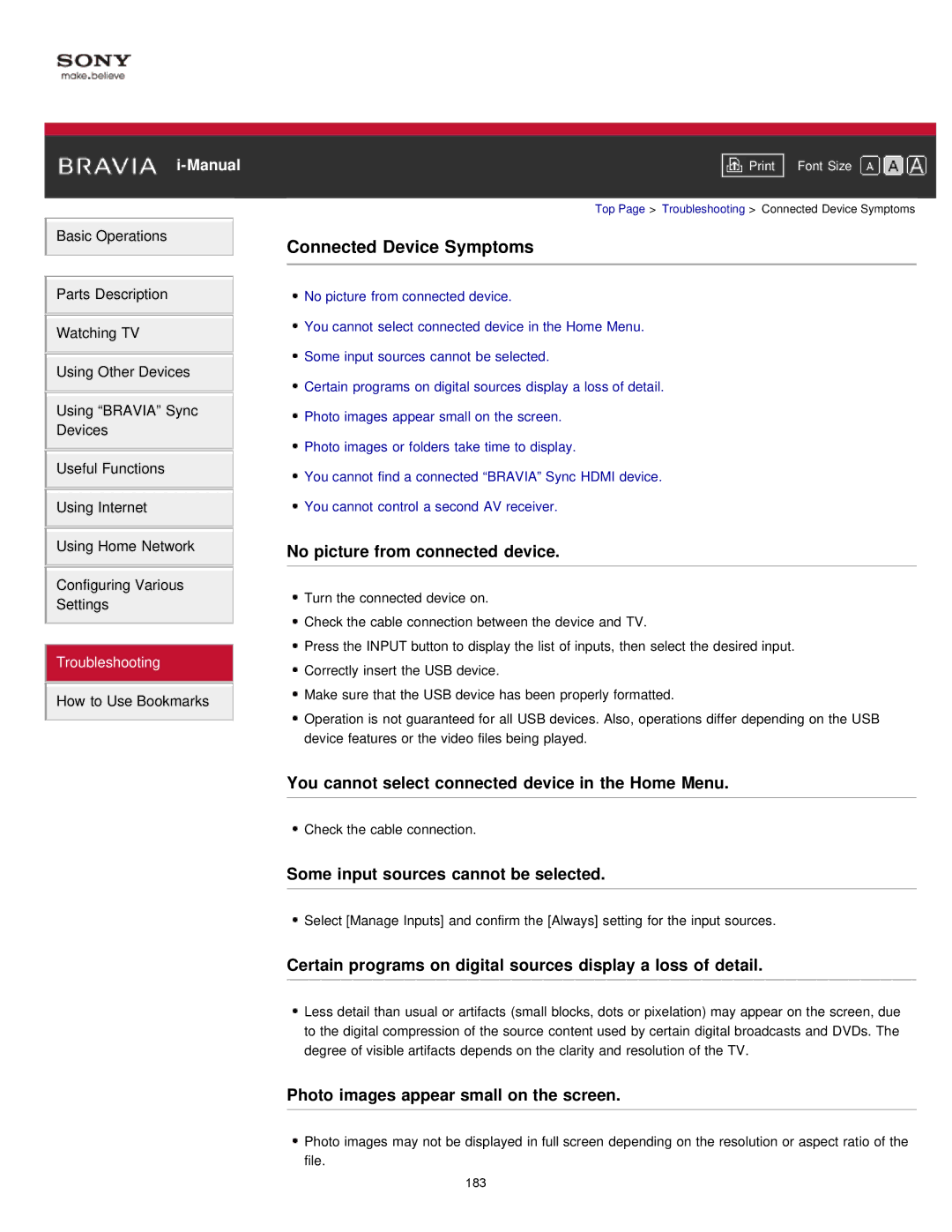 Sony KDL-55W900A manual Connected Device Symptoms, No picture from connected device, Some input sources cannot be selected 