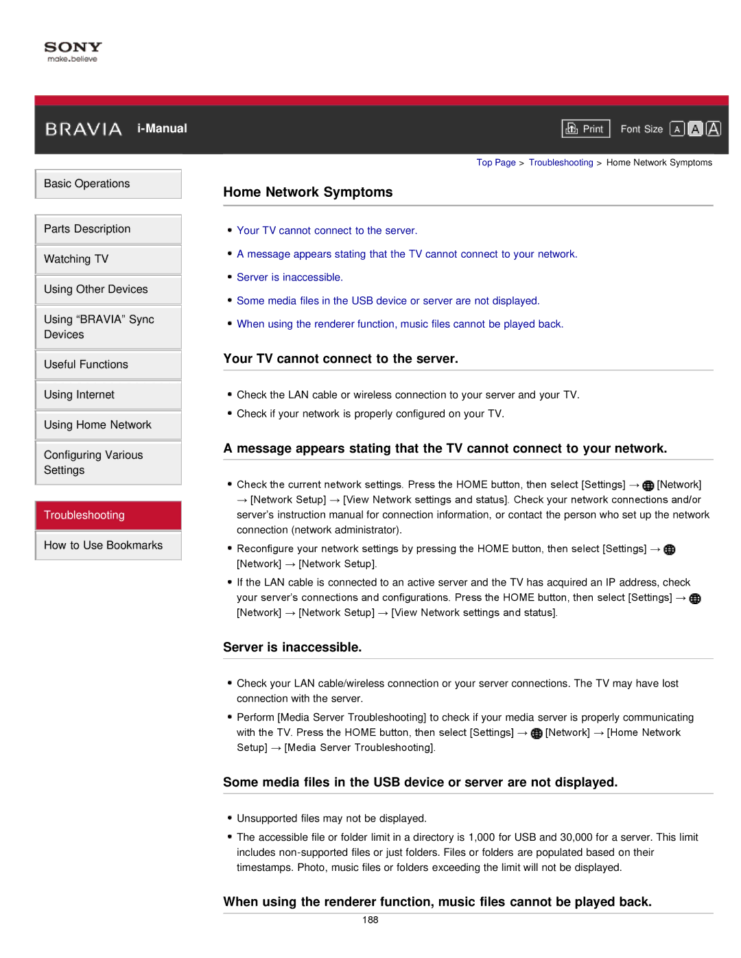 Sony KDL55W900A, KDL-55W900A manual Home Network Symptoms, Your TV cannot connect to the server, Server is inaccessible 