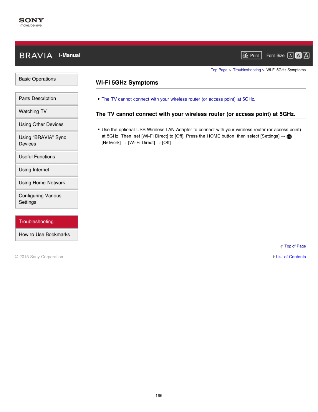 Sony KDL55W900A, KDL-55W900A manual Wi-Fi 5GHz Symptoms 