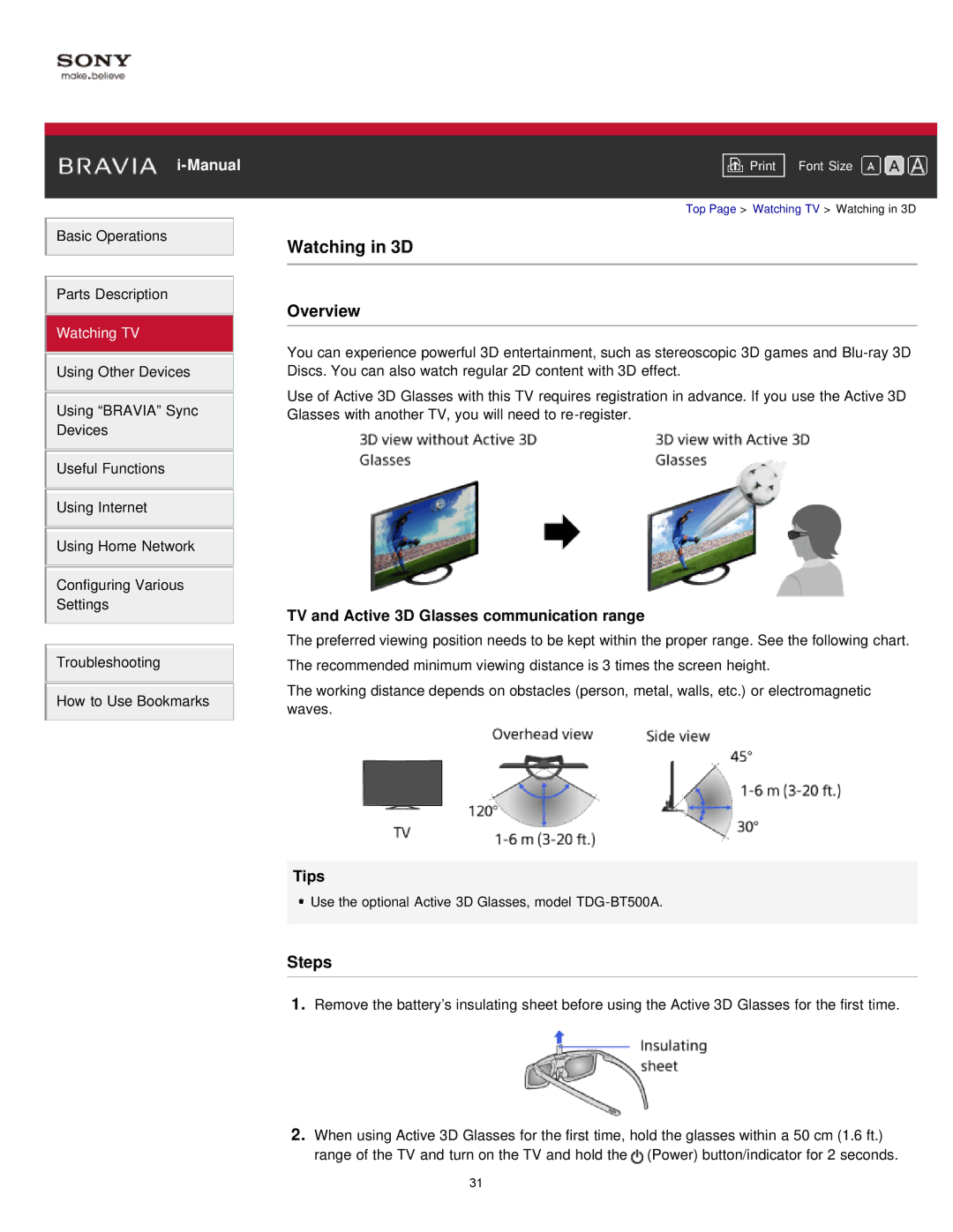 Sony KDL-55W900A, KDL55W900A manual Watching in 3D, TV and Active 3D Glasses communication range 