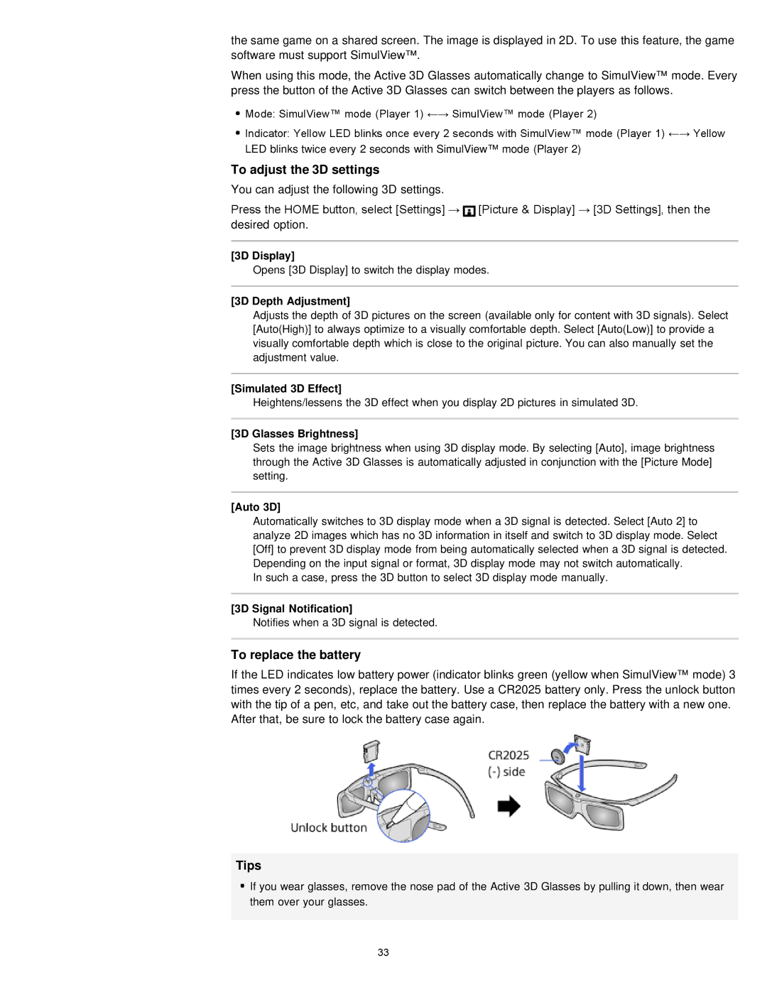 Sony KDL-55W900A, KDL55W900A manual To adjust the 3D settings, To replace the battery 