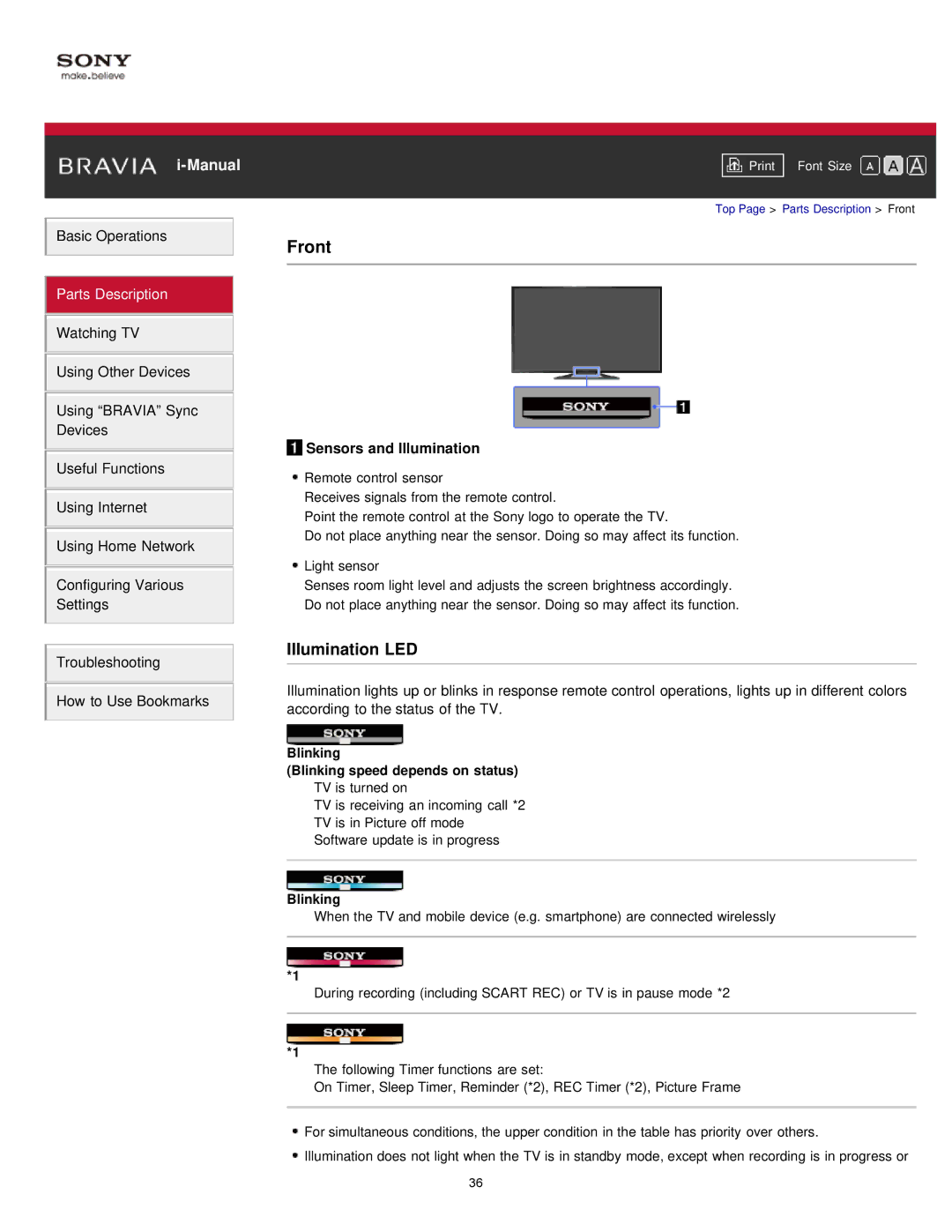 Sony KDL55W900A, KDL-55W900A manual Front, Illumination LED, Sensors and Illumination, Blinking 