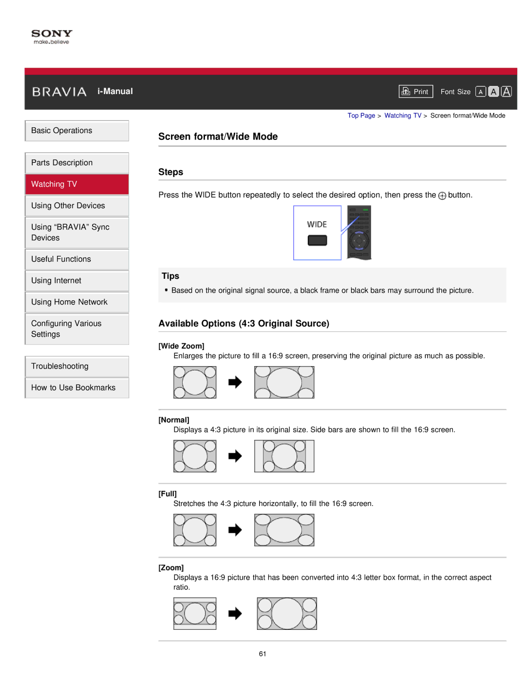 Sony KDL-55W900A, KDL55W900A manual Screen format/Wide Mode, Available Options 43 Original Source 