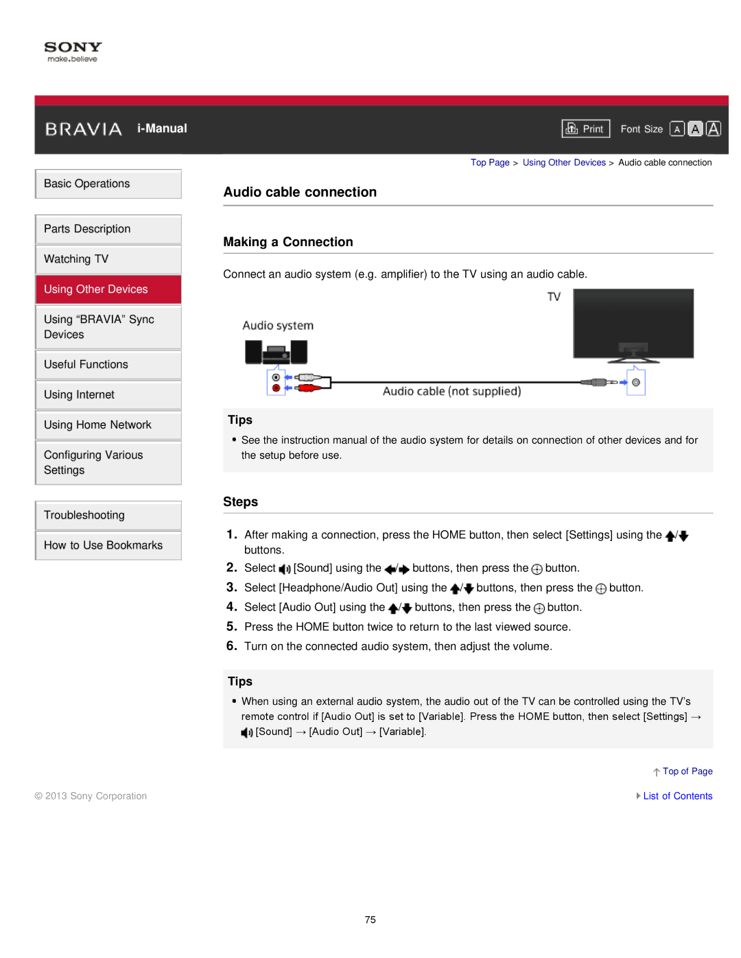 Sony KDL-55W900A, KDL55W900A manual Audio cable connection 