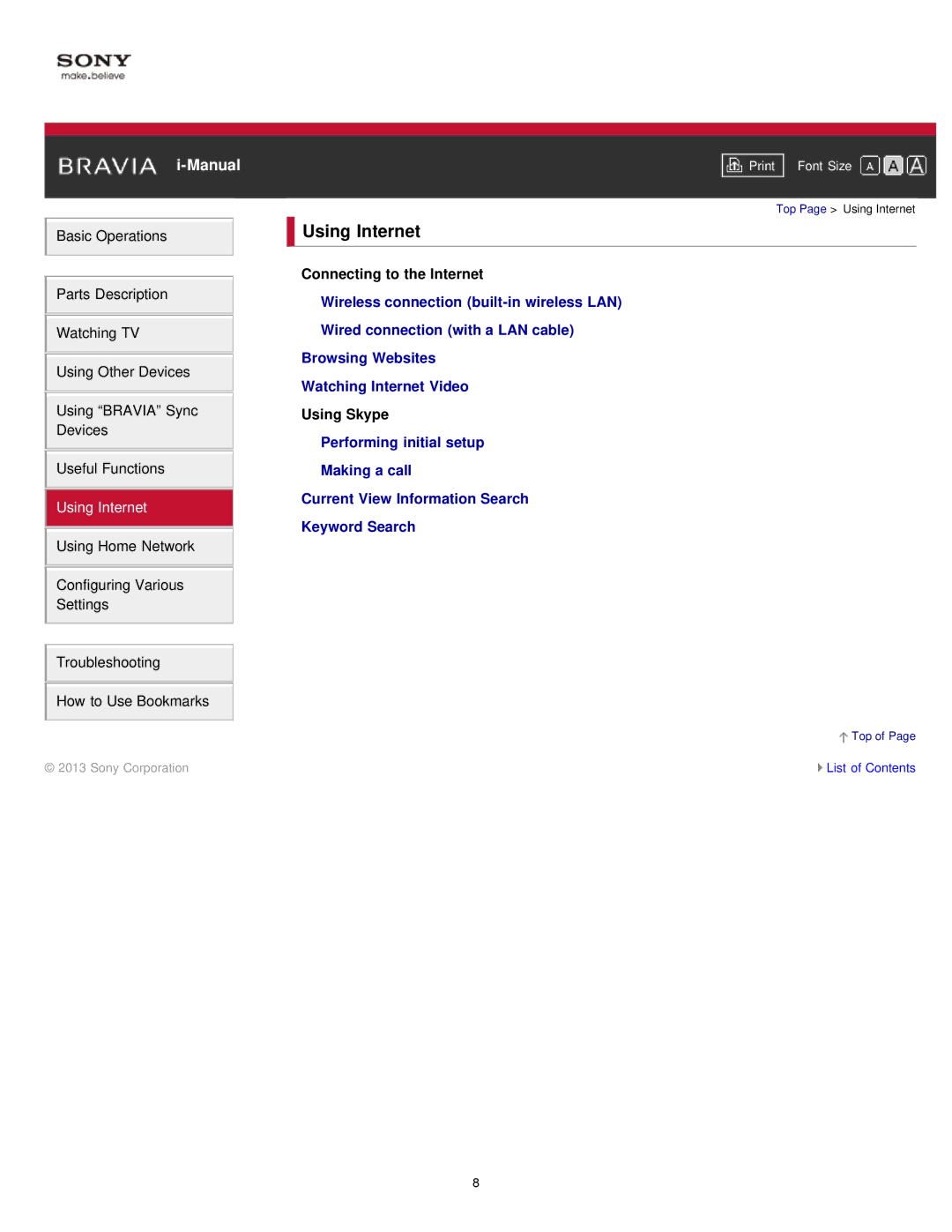 Sony KDL55W900A, KDL-55W900A manual Using Internet, Connecting to the Internet, Using Skype 