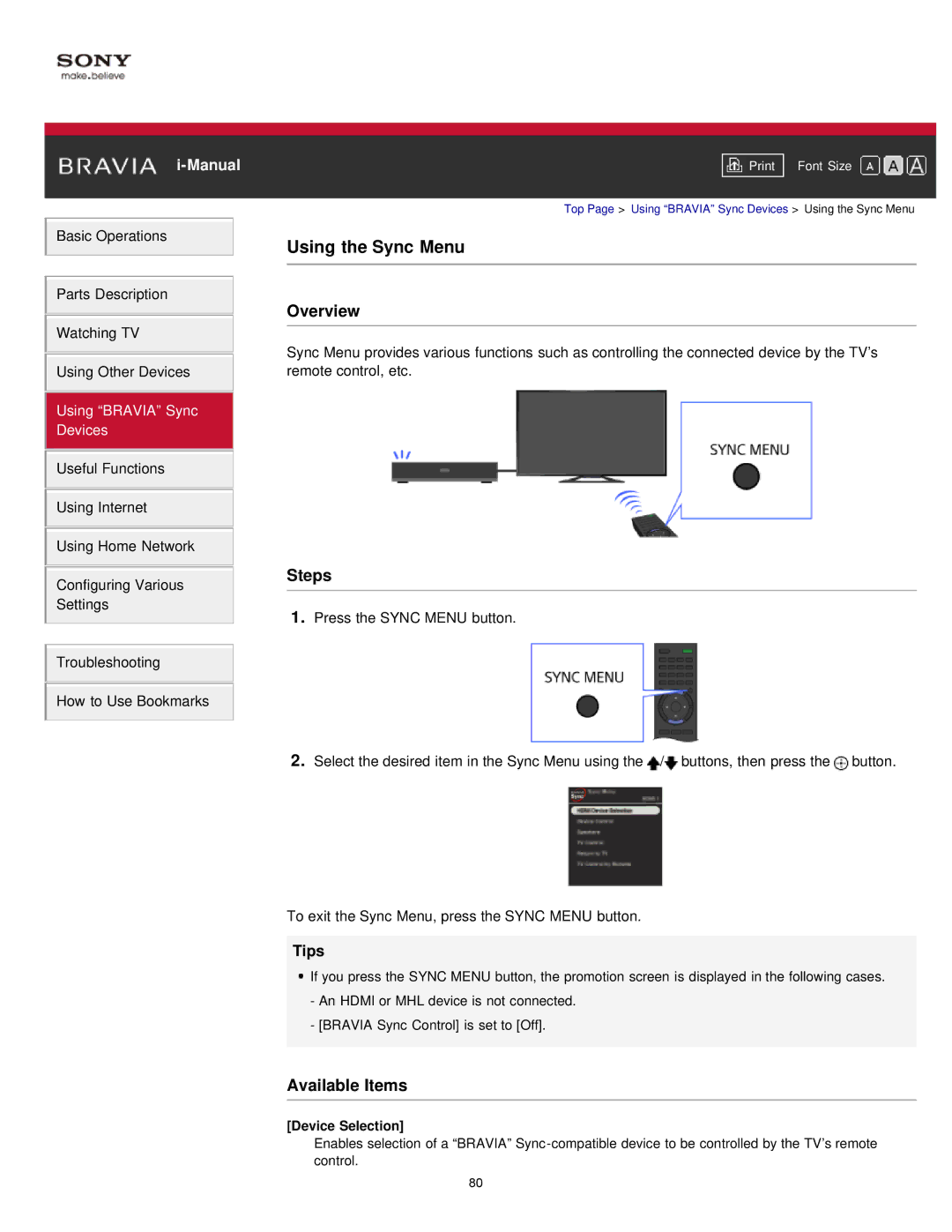 Sony KDL55W900A, KDL-55W900A manual Using the Sync Menu, Available Items, Device Selection 