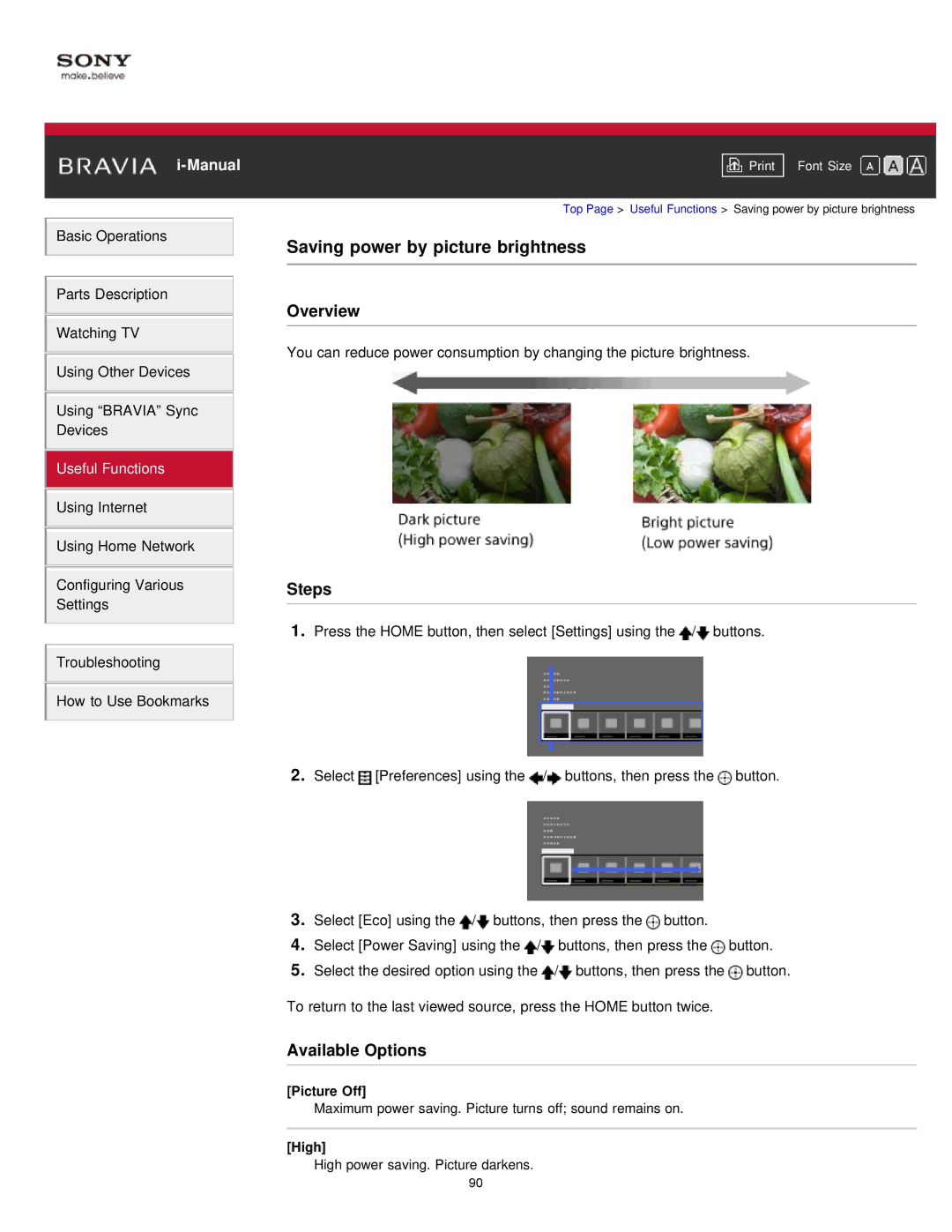 Sony KDL55W900A, KDL-55W900A manual Saving power by picture brightness, Picture Off, High 