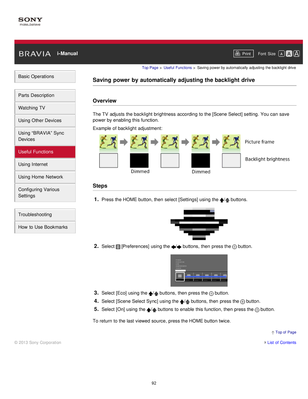 Sony KDL55W900A, KDL-55W900A manual Saving power by automatically adjusting the backlight drive 