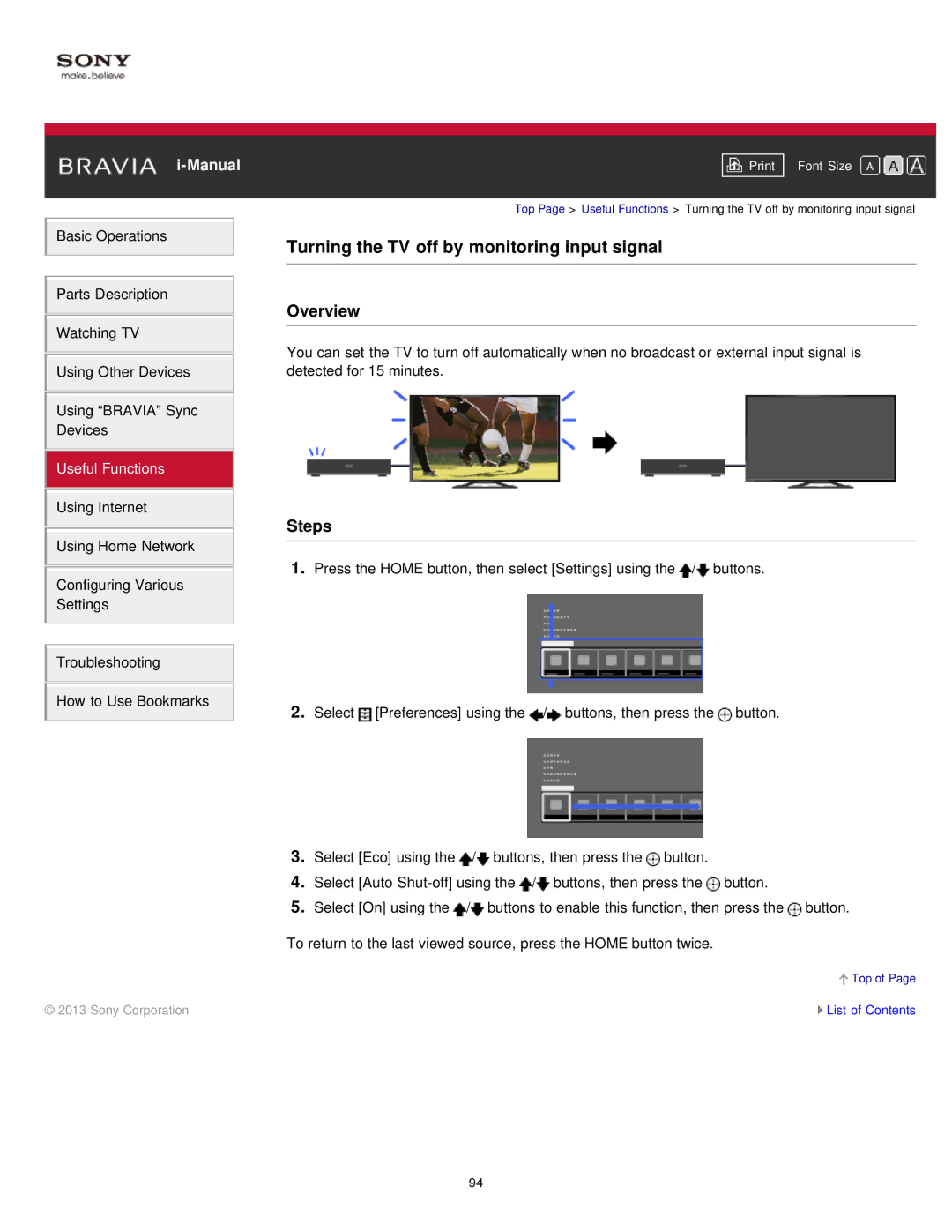 Sony KDL55W900A, KDL-55W900A manual Turning the TV off by monitoring input signal 