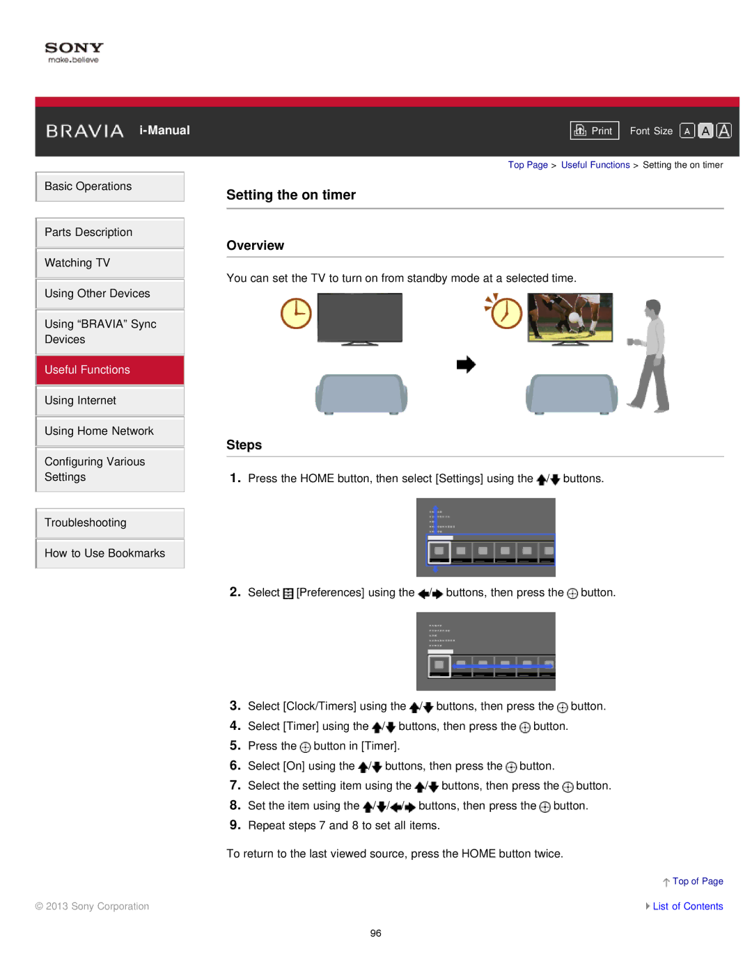 Sony KDL55W900A, KDL-55W900A manual Setting the on timer 