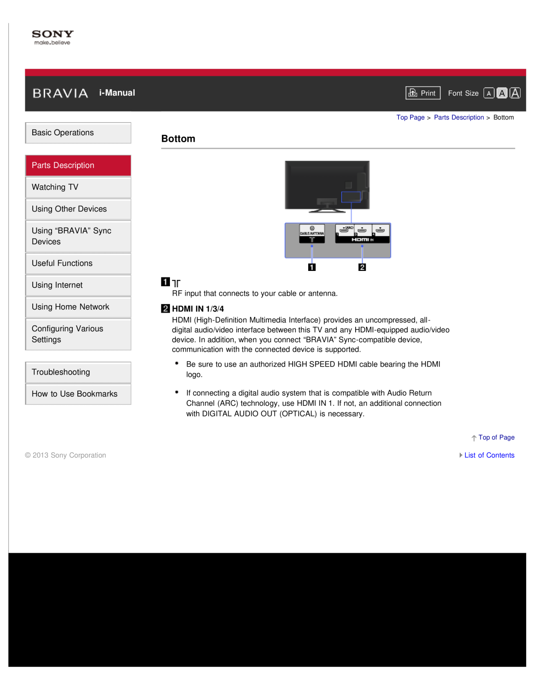 Sony KDL-55W900A, KDL55W900A manual Bottom, i-Manual, Parts Description, HDMI IN 1/3/4 