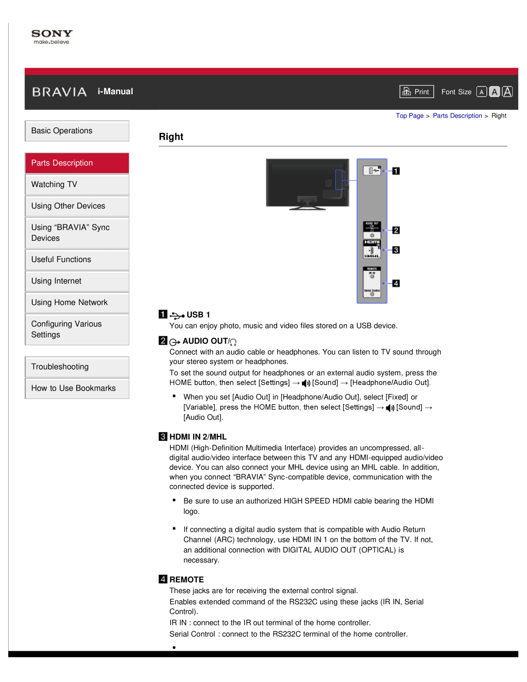 Sony KDL-55W900A, KDL55W900A manual Right, i-Manual, Parts Description, Audio Out, HDMI IN 2/MHL, Remote 