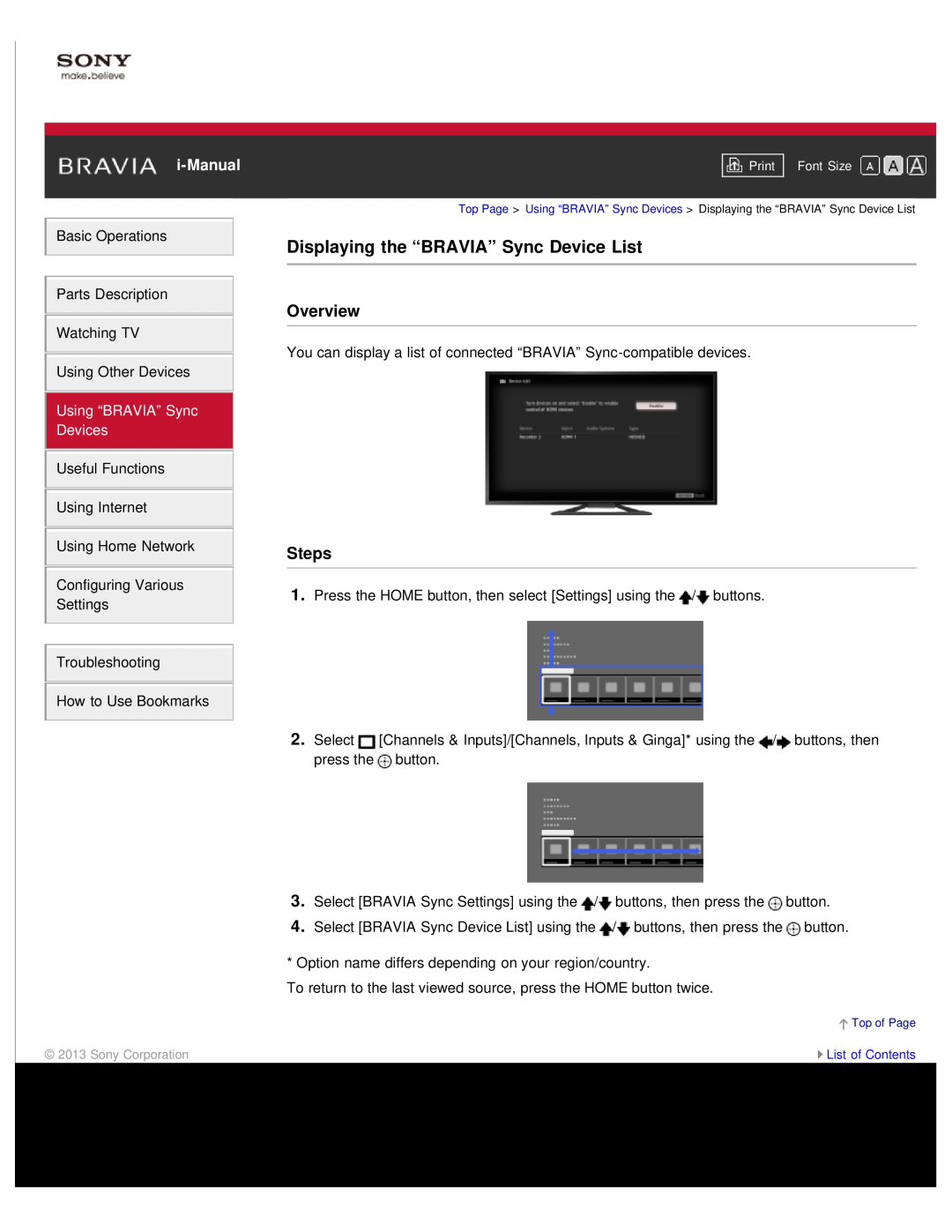 Sony KDL55W900A manual Displaying the “BRAVIA” Sync Device List, Overview, Steps, i-Manual, Using “BRAVIA” Sync Devices 