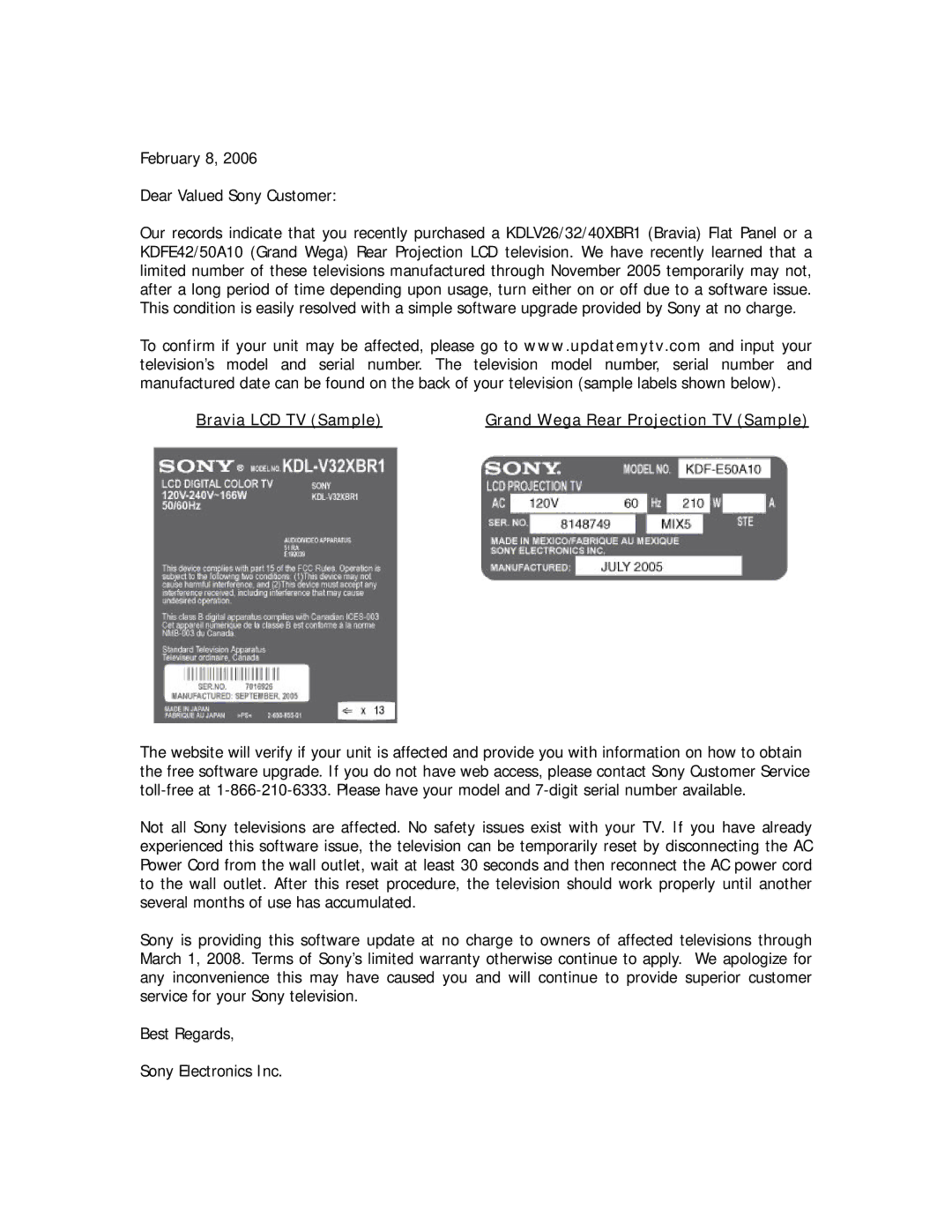 Sony KDFE42/50A10, KDLV26/32/40XBR1 warranty Bravia LCD TV Sample Grand Wega Rear Projection TV Sample 