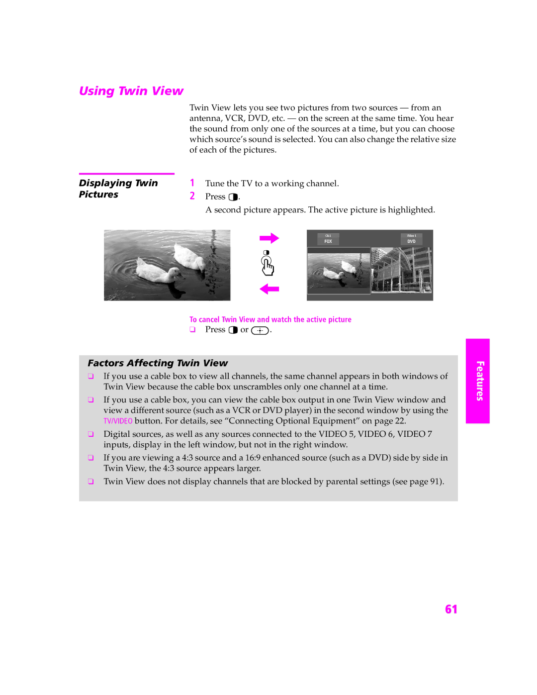 Sony KDP-51WS655, KDP-57WS655 manual Using Twin View, Displaying Twin, Pictures, Factors Affecting Twin View 