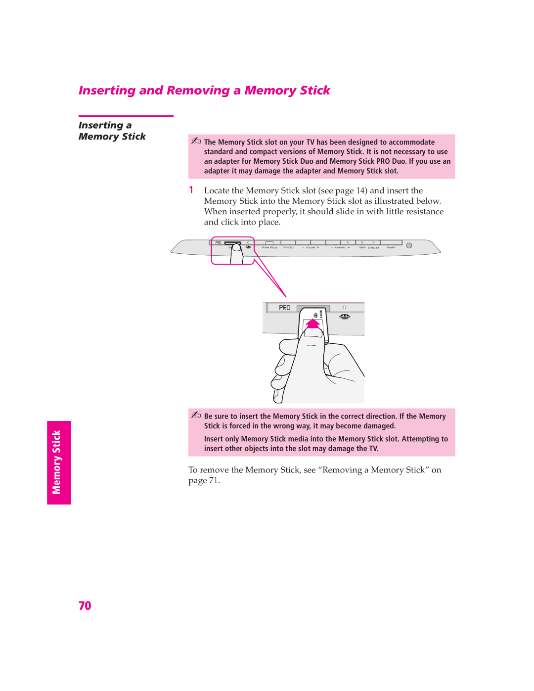 Sony KDP-57WS655, KDP-51WS655 manual Inserting and Removing a Memory Stick, Inserting a Memory Stick, Click into place 