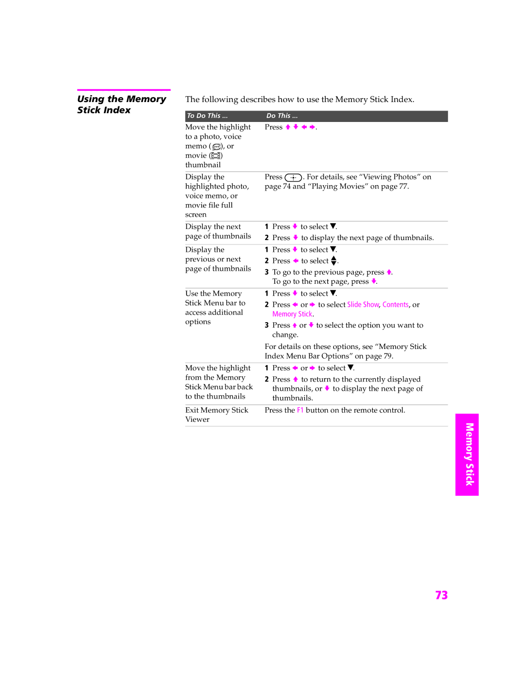 Sony KDP-51WS655, KDP-57WS655 manual Using the Memory, Following describes how to use the Memory Stick Index 