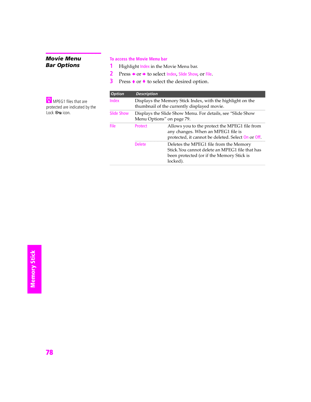 Sony KDP-57WS655, KDP-51WS655, KDP-51WS655, KDP-57WS655 manual Movie Menu Bar Options, Index 