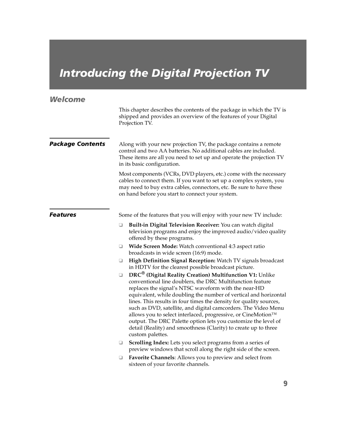 Sony KDP-57W5550, KDP-65W5550, KDP-51W5550 Introducing the Digital Projection TV, Welcome, Package Contents, Features 