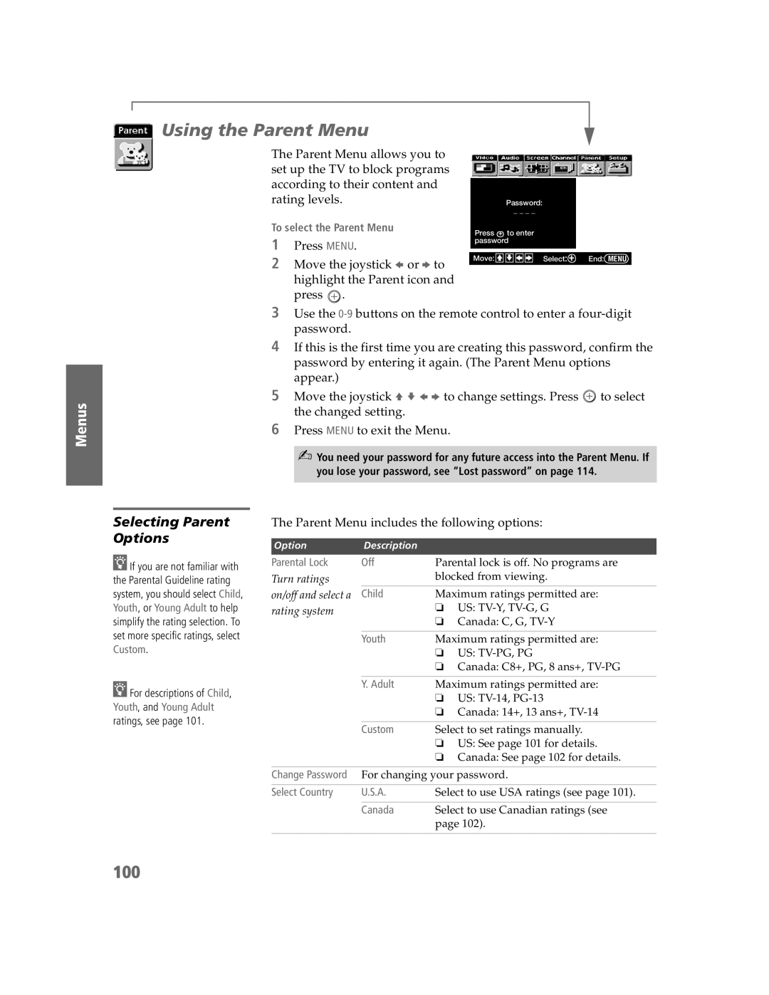 Sony KDP-51W5550 Using the Parent Menu, 100, Selecting Parent Options, Parent Menu includes the following options 