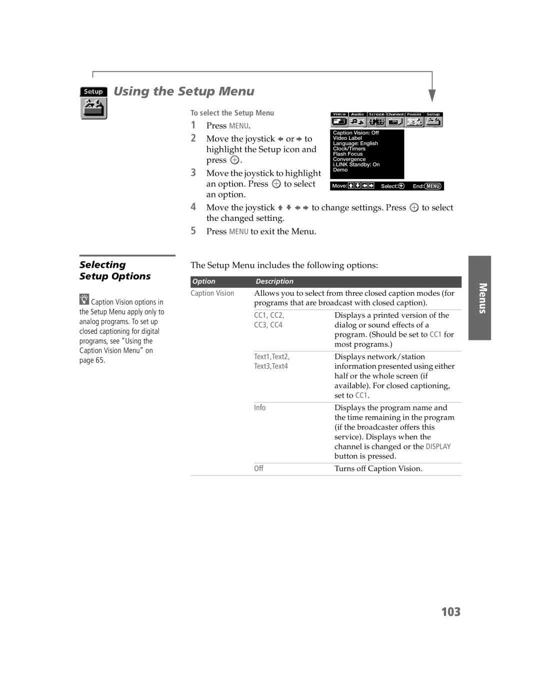 Sony KDP-51W5550, KDP-65W5550, KDP-57W5550 operating instructions Using the Setup Menu, 103, Selecting Setup Options 