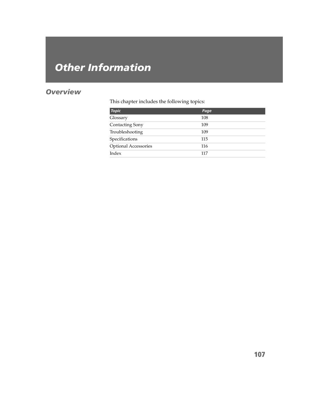 Sony KDP-65W5550, KDP-57W5550, KDP-51W5550 Other Information, 107, This chapter includes the following topics 