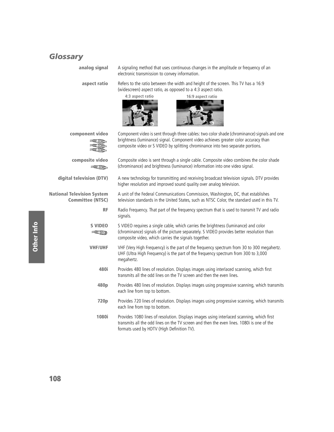 Sony KDP-57W5550, KDP-65W5550, KDP-51W5550 operating instructions Glossary, 108, Other Info 