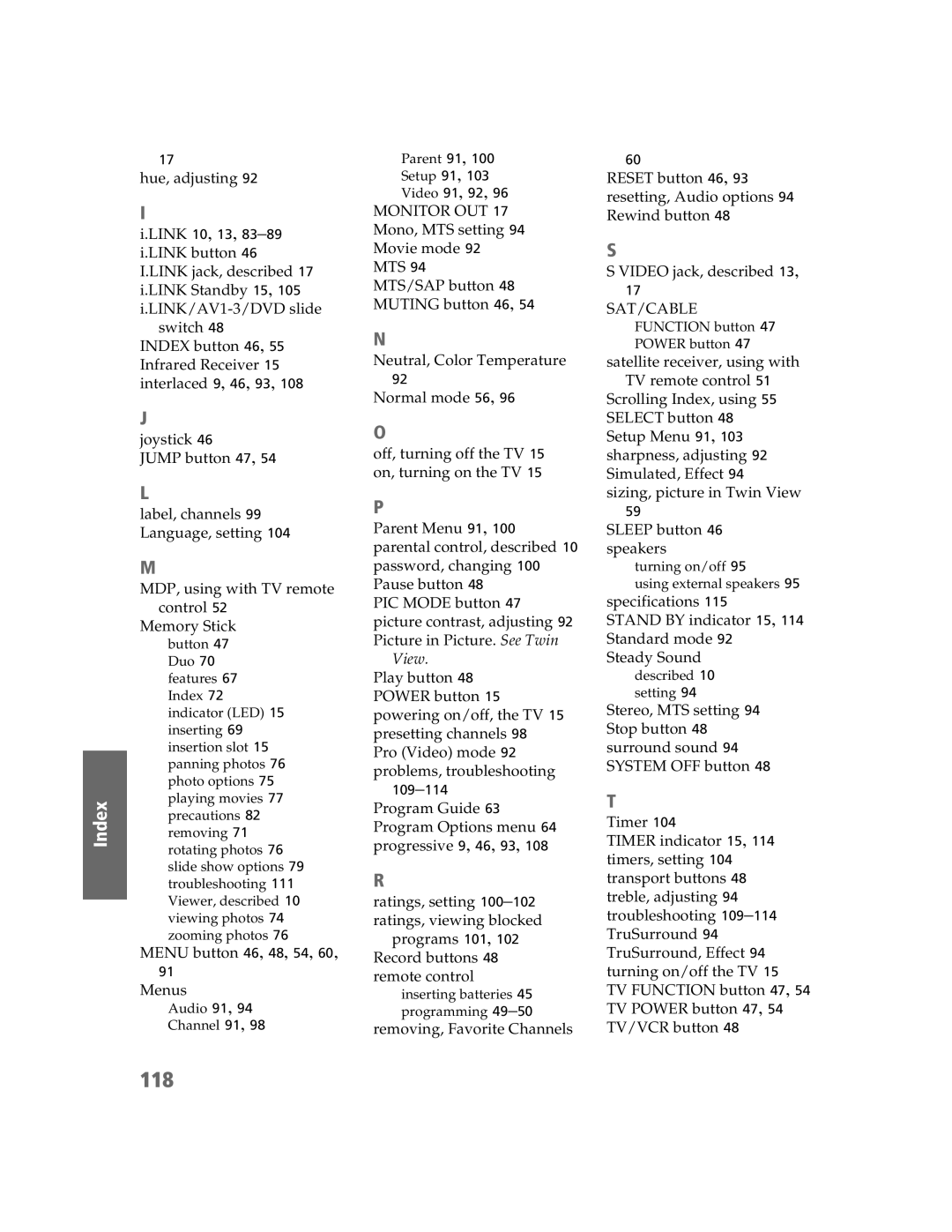 Sony KDP-51W5550, KDP-65W5550, KDP-57W5550 operating instructions 118, Index, Menu button 46, 48, 54 Menus 