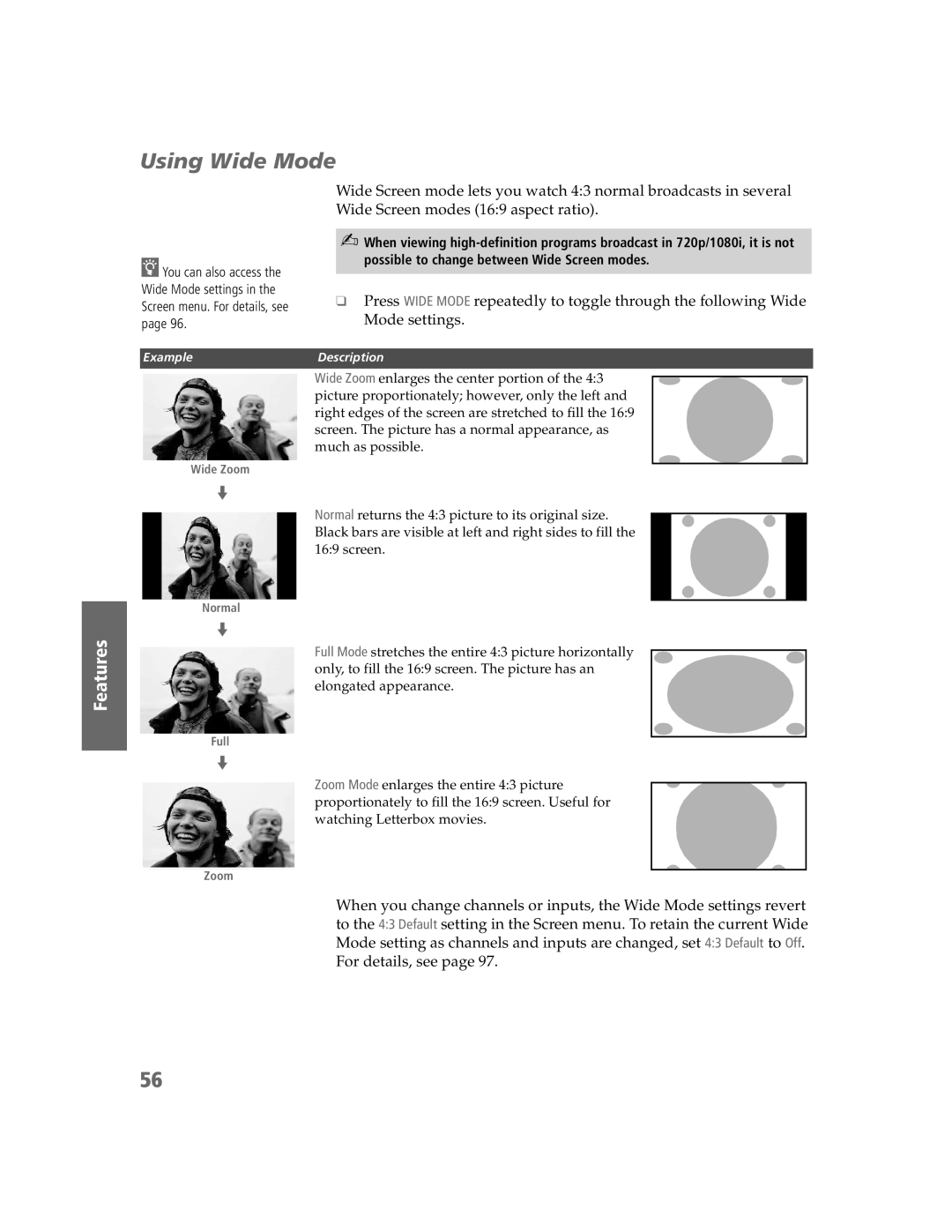 Sony KDP-65W5550, KDP-57W5550, KDP-51W5550 operating instructions Using Wide Mode 