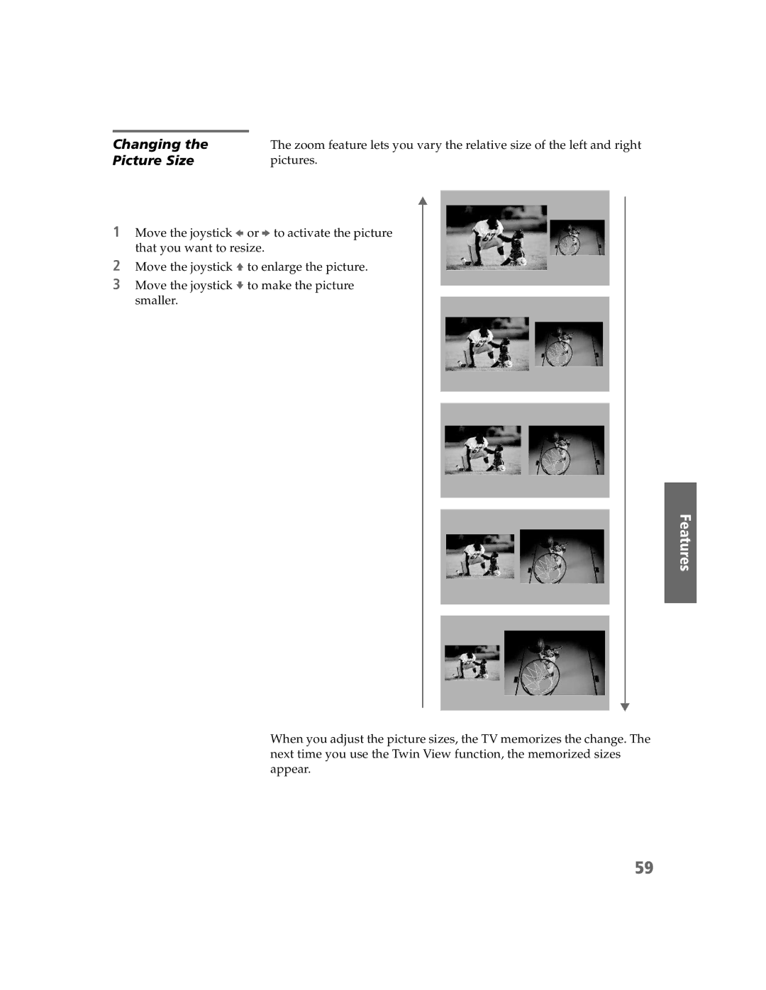 Sony KDP-65W5550, KDP-57W5550, KDP-51W5550 operating instructions Changing, Picture Size, Pictures 