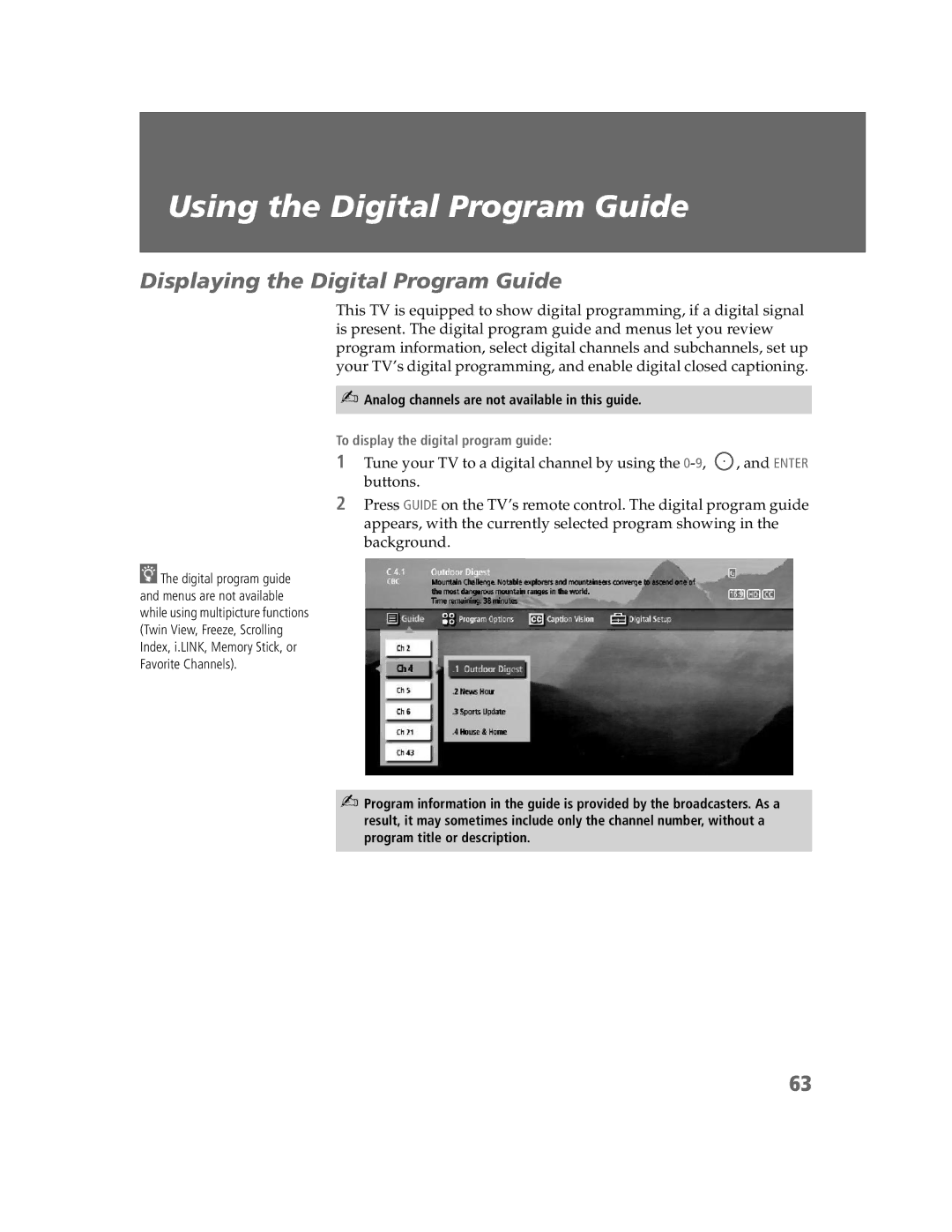 Sony KDP-57W5550, KDP-65W5550, KDP-51W5550 Using the Digital Program Guide, Displaying the Digital Program Guide 