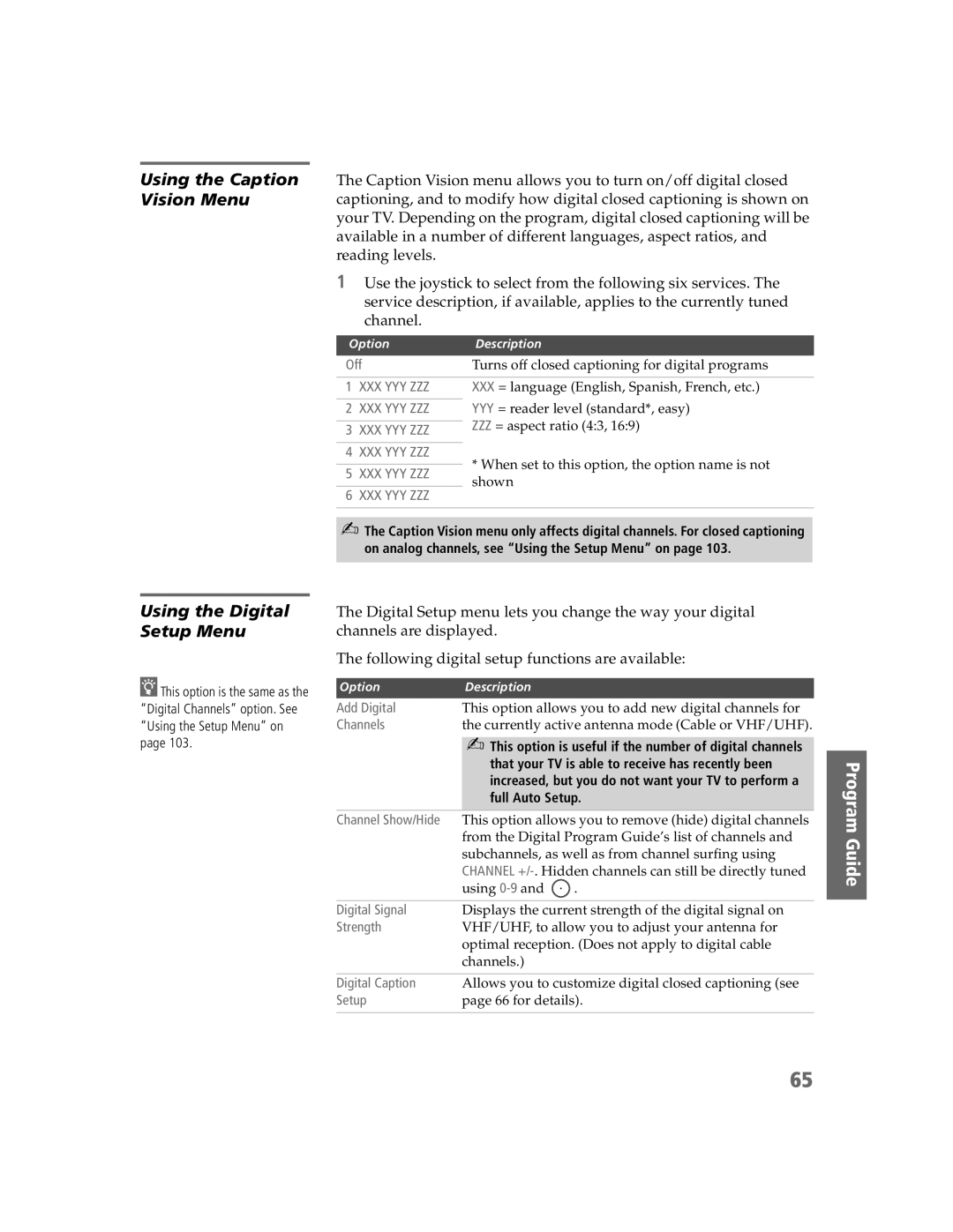 Sony KDP-65W5550, KDP-57W5550 Program Guide Program Guide, Using the Caption Vision Menu Using the Digital Setup Menu 