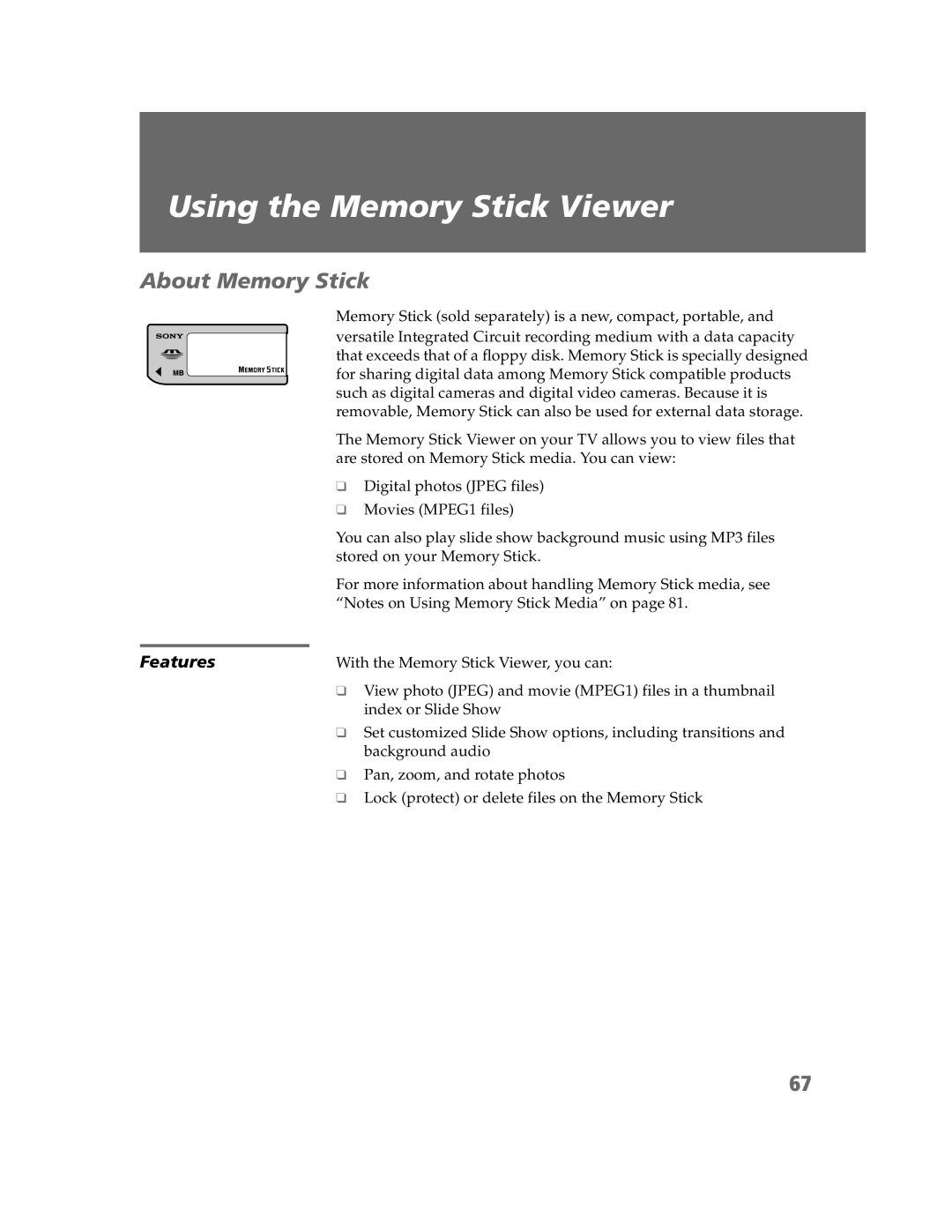 Sony KDP-51W5550, KDP-65W5550, KDP-57W5550 operating instructions Using the Memory Stick Viewer, About Memory Stick 