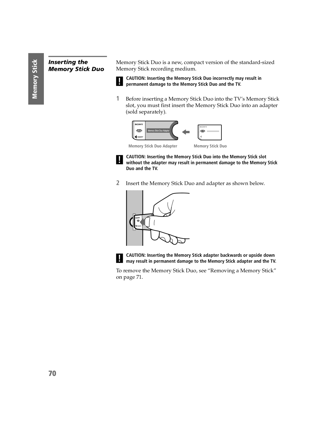 Sony KDP-51W5550, KDP-65W5550, KDP-57W5550 operating instructions Inserting Memory Stick Duo, Memory Stick Duo Adapter 