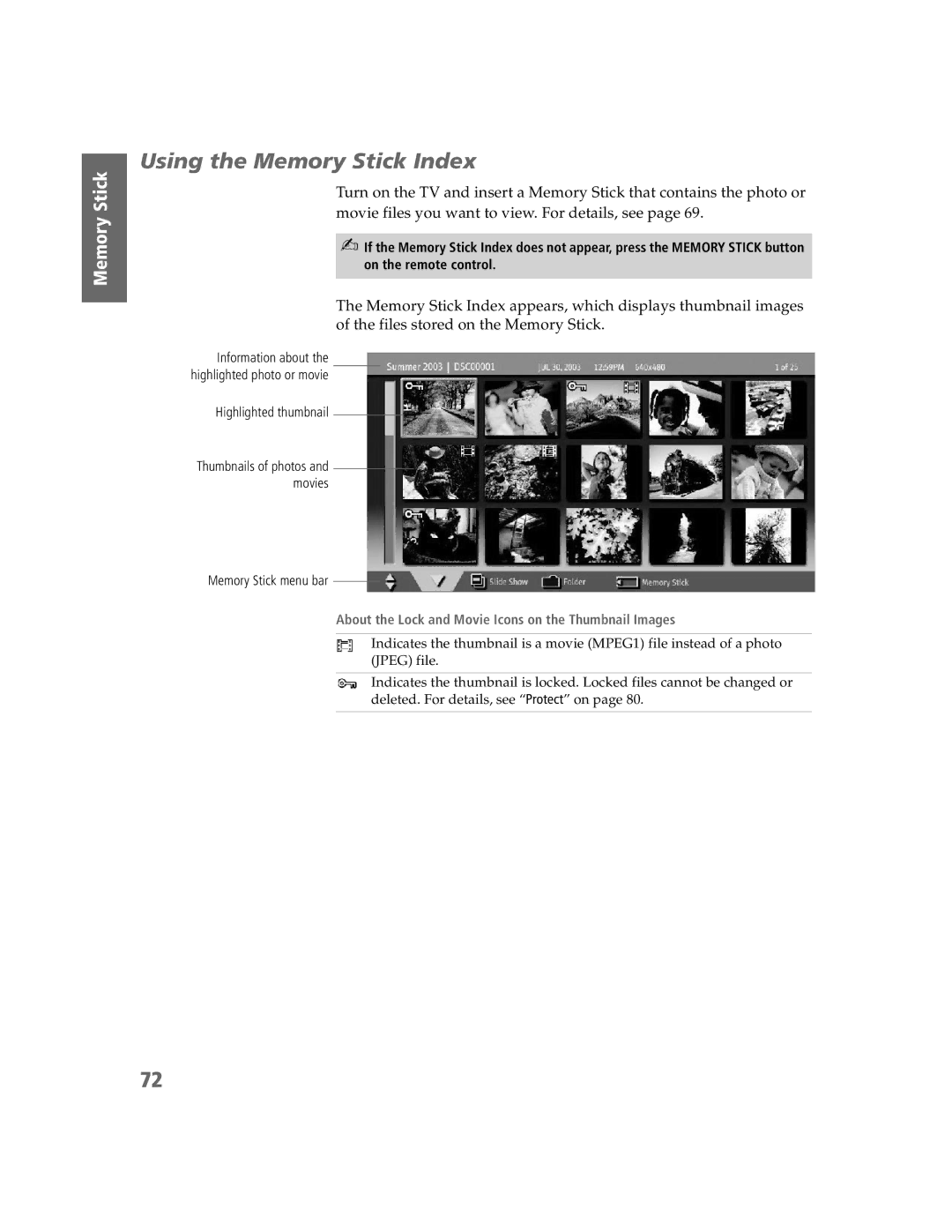 Sony KDP-57W5550, KDP-65W5550 Using the Memory Stick Index, About the Lock and Movie Icons on the Thumbnail Images 