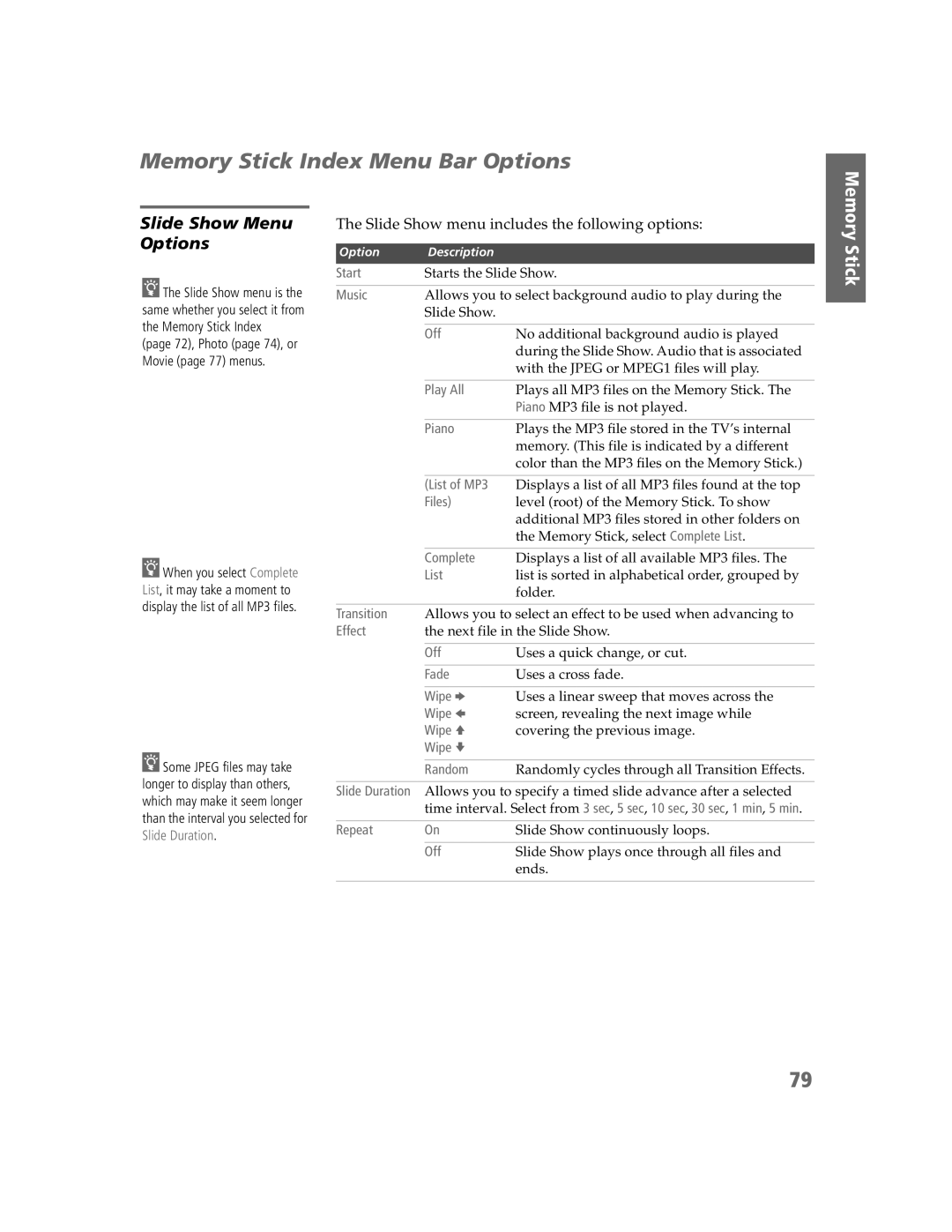 Sony KDP-51W5550, KDP-65W5550, KDP-57W5550 Memory Stick Index Menu Bar Options, Slide Show Menu Options 